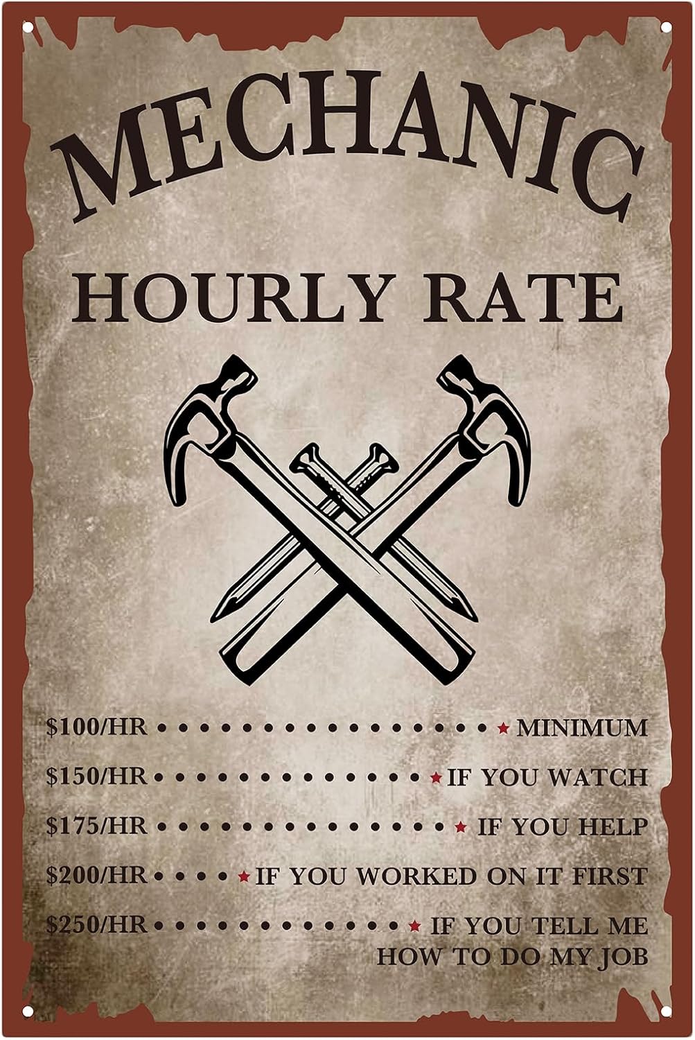 CREATCABIN Mechanic Hourly Rate Metal Tin Sign Mechanic