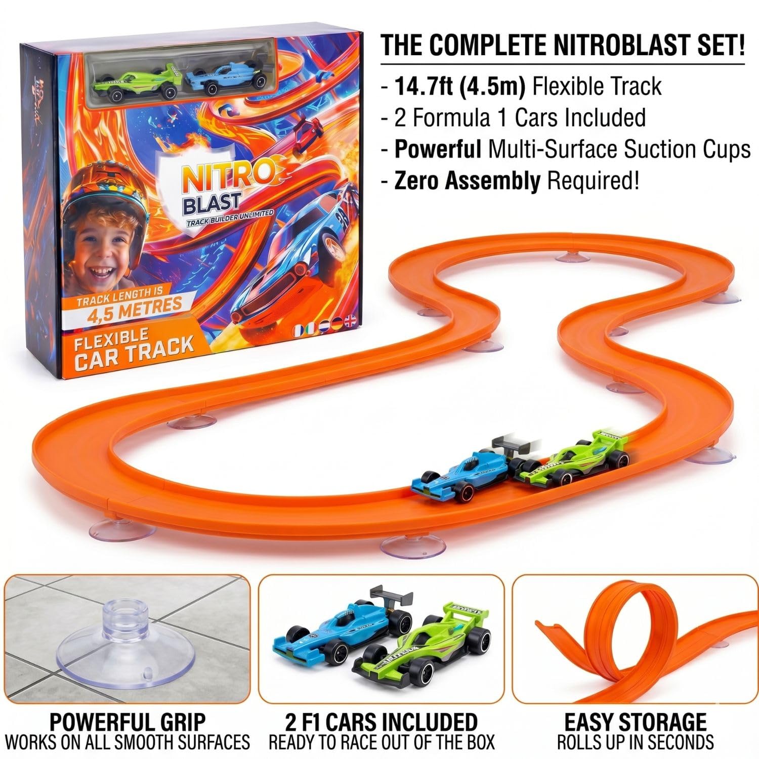 NITROBLAST© | Circuit Voiture Flexible | Cadeau Garcon 3 4 5 6 7 8 Ans | Jeu Fun| Jouet Compact| Idee Anniversaire Enfant Noel Saint Nicolas| Piste de Course F1 avec Ventouses | Compatible Hot Wheels
