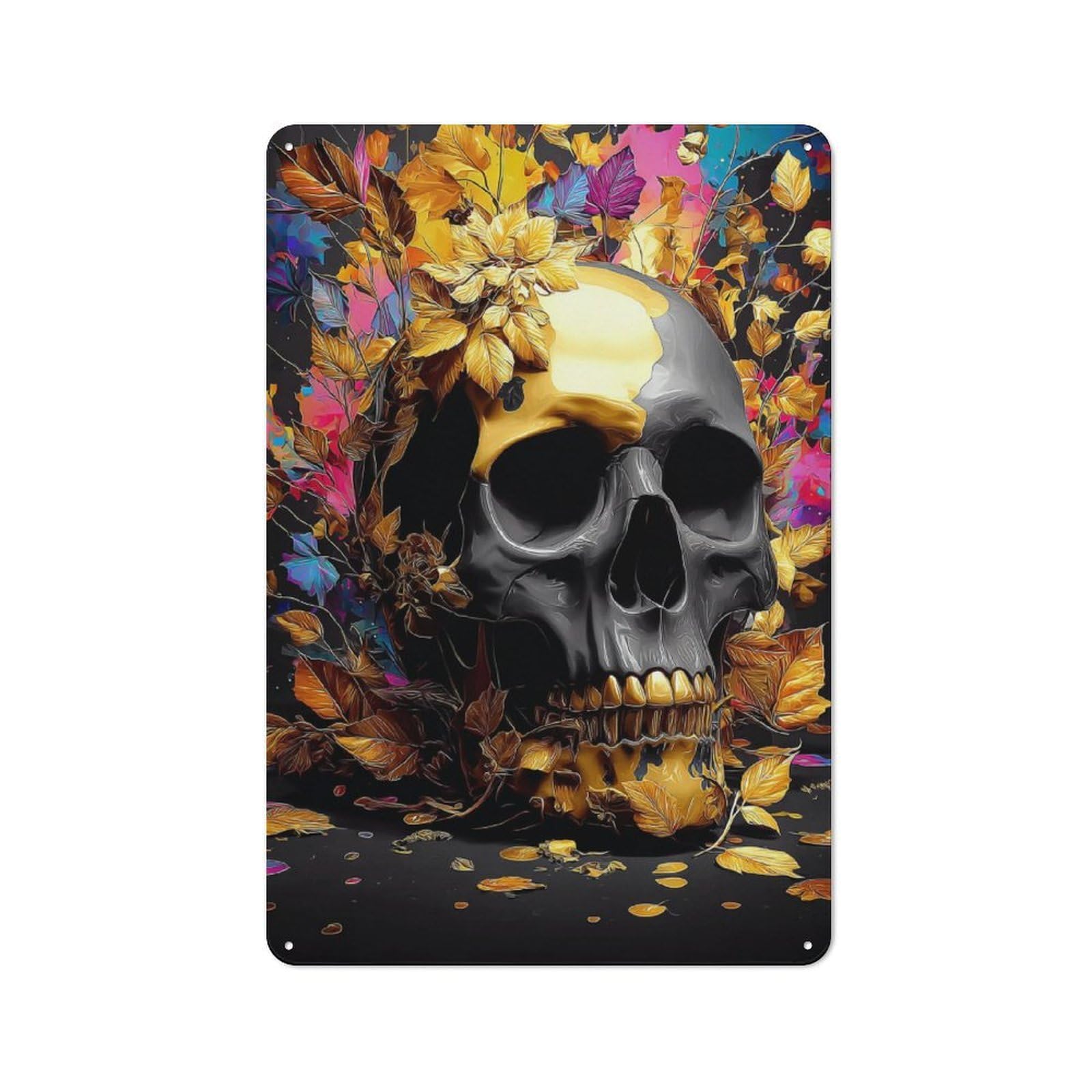 Junmoney Golden Skull With Autumn Leaves Metal Wall Sign 30X20cm Featuring For Café Or Restaurant, A Decorative Metal Sign For Cafés And Restaurants