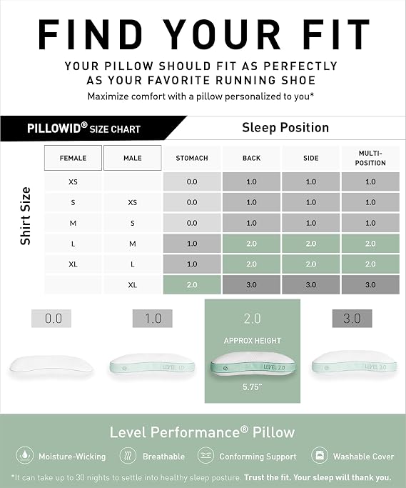 Bedgear Level Cuddle Performance Pillow, 2.0 Firm Cooling Pillow for Side Sleepers | React Blend Fill with Airflow Technology | Dri-Tec Moisture-Wicking Cover | Hypoallergenic Pillow w/Washable Cover