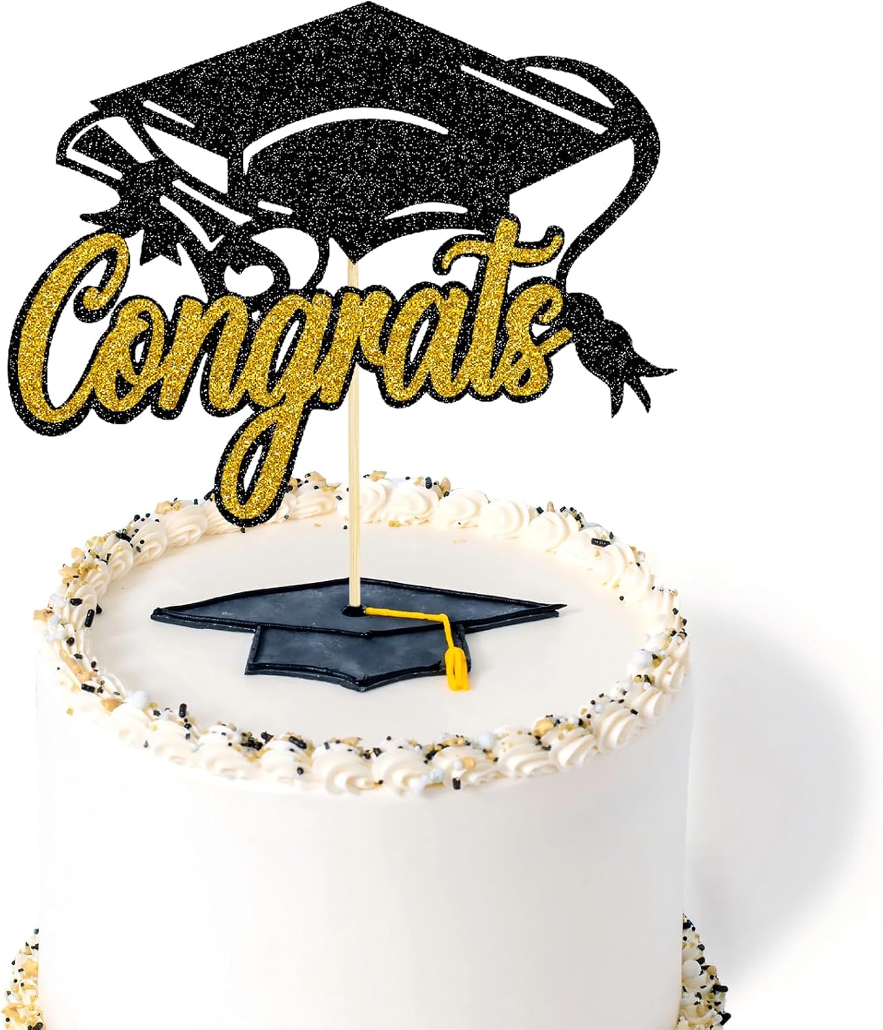 1 Pack Graduation Cake Topper 2026 Glitter Congrats Graduation Decorations Cake Pick for Senior High School College - Black Gold
