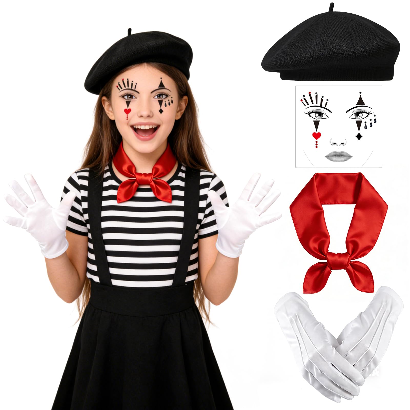 Disfraz de Mimo para Hombre y Mujer, Set de Accesorios con Boina Negra, Bufanda Roja, Guantes Blancos y Tatuaje para Cara, Ideal para Carnaval, Halloween y Fiestas Temáticas