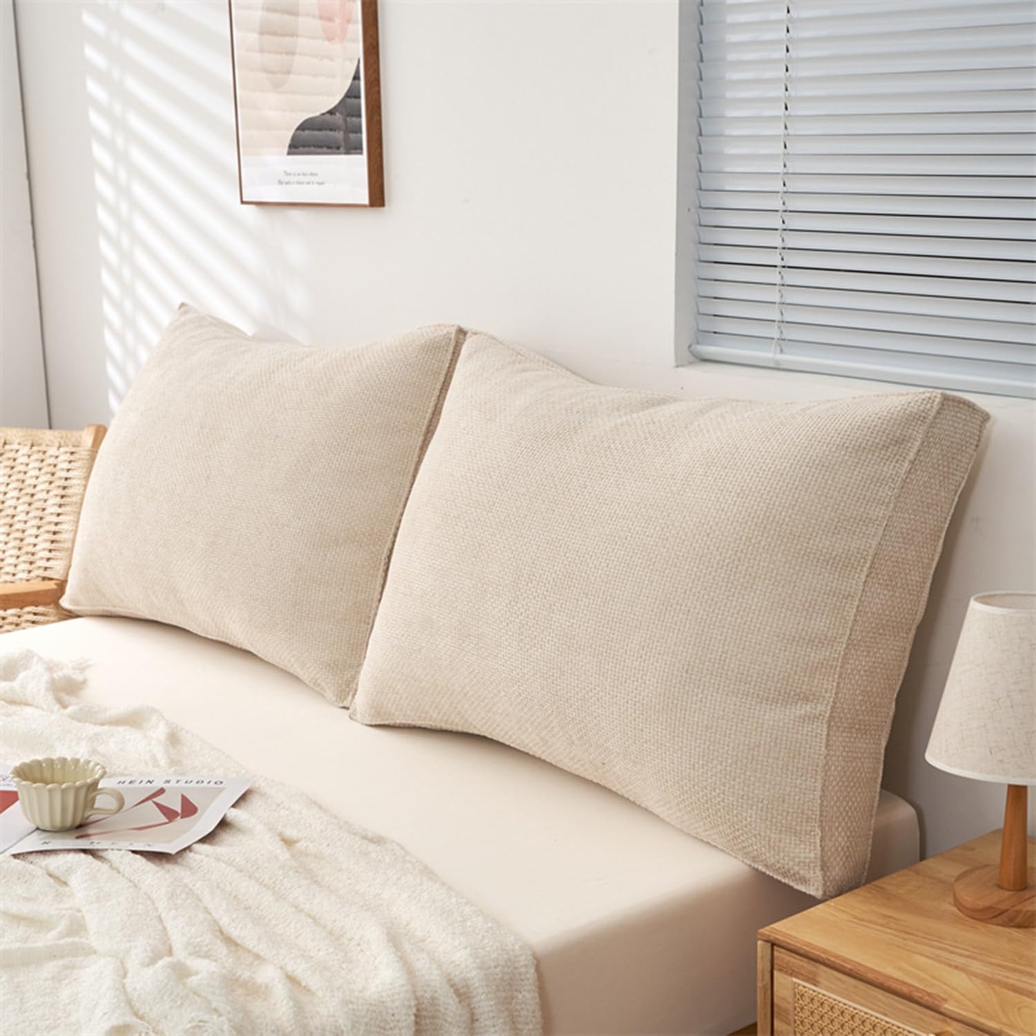 Cuscino Schienale Per Letto E Divano | 90x50 Cm | Con Cinghia Di Fissaggio | Cotone E Lino | Beige - Foto 13