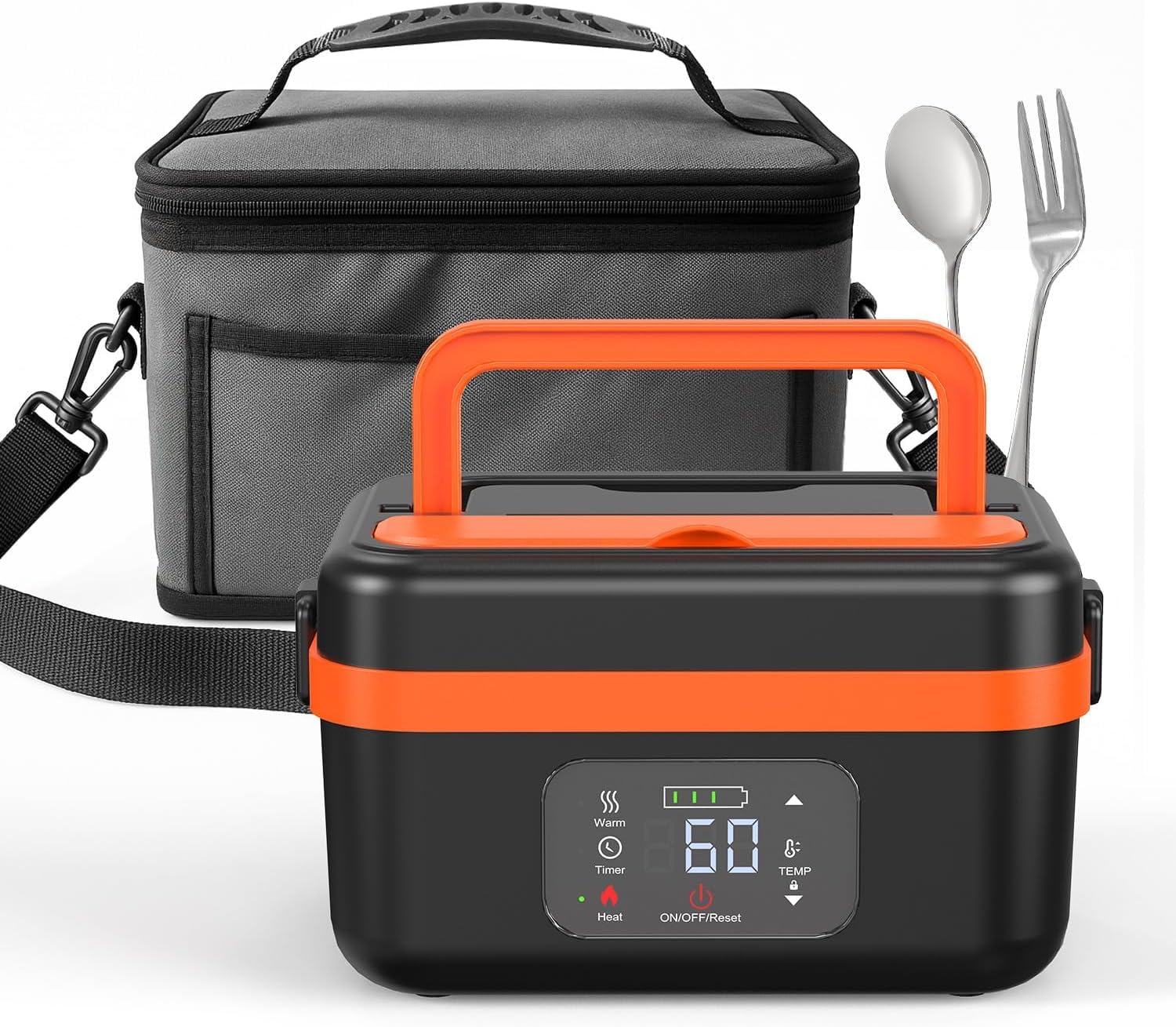 Contenitore per il pranzo elettrico, batteria da 16000 mAh, portatile, per il viaggio, contenitore per il pranzo per adulti con borsa isolante, forchetta e cucchiaio e piastra separabile (arancione)