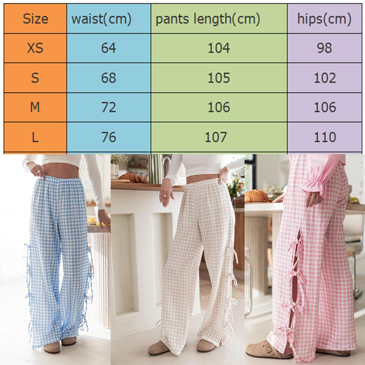 2 pantaloni da donna a quadri a quadretti Y2K con papillon, pantaloni da salotto a gamba larga con spacco laterale, palazzo sciolto a vita alta