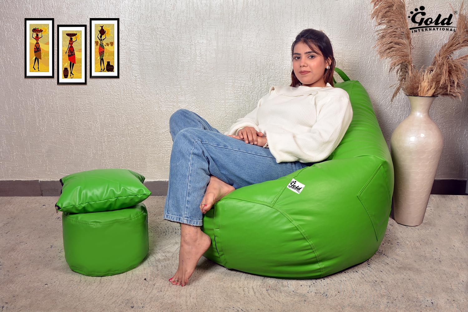 Gold 3XL Bean Bag Combo with Footstool & Cushion | Faux Leather Teardrop Bean Bag for Adults & Teens | Pre-Filled with Beans | Home, Bedroom, Living Room, Office (3XL - Green)-image-18