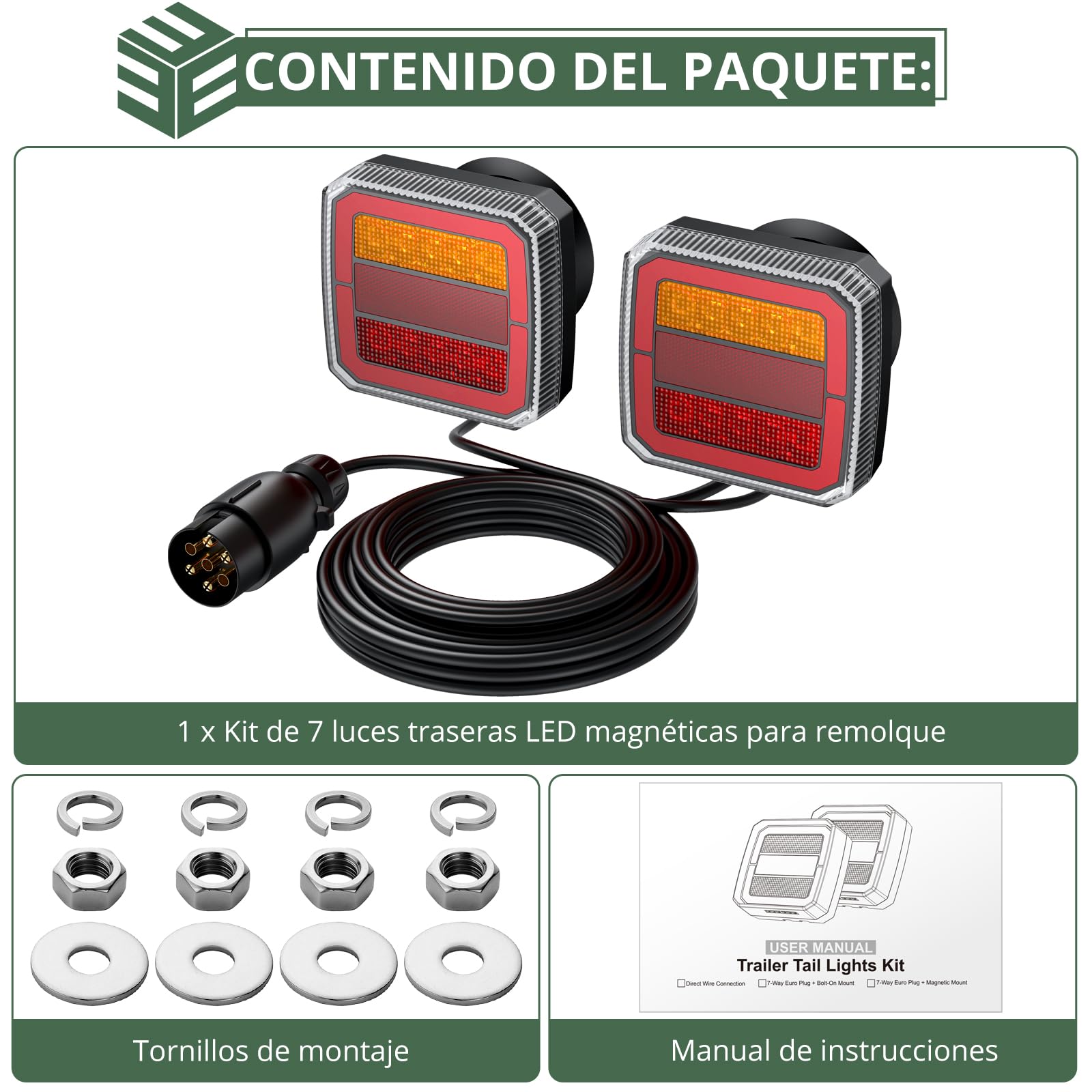 EYPINS 2×Luces Traseras para Remolque con Conexión Magnética 40 LED y 7 Pines,12-30V Pilotos Traseros IP65 con Cable 7.35m+2.4m,Luz de Posición Freno Intermitente y Reflector para Turismos Camiones