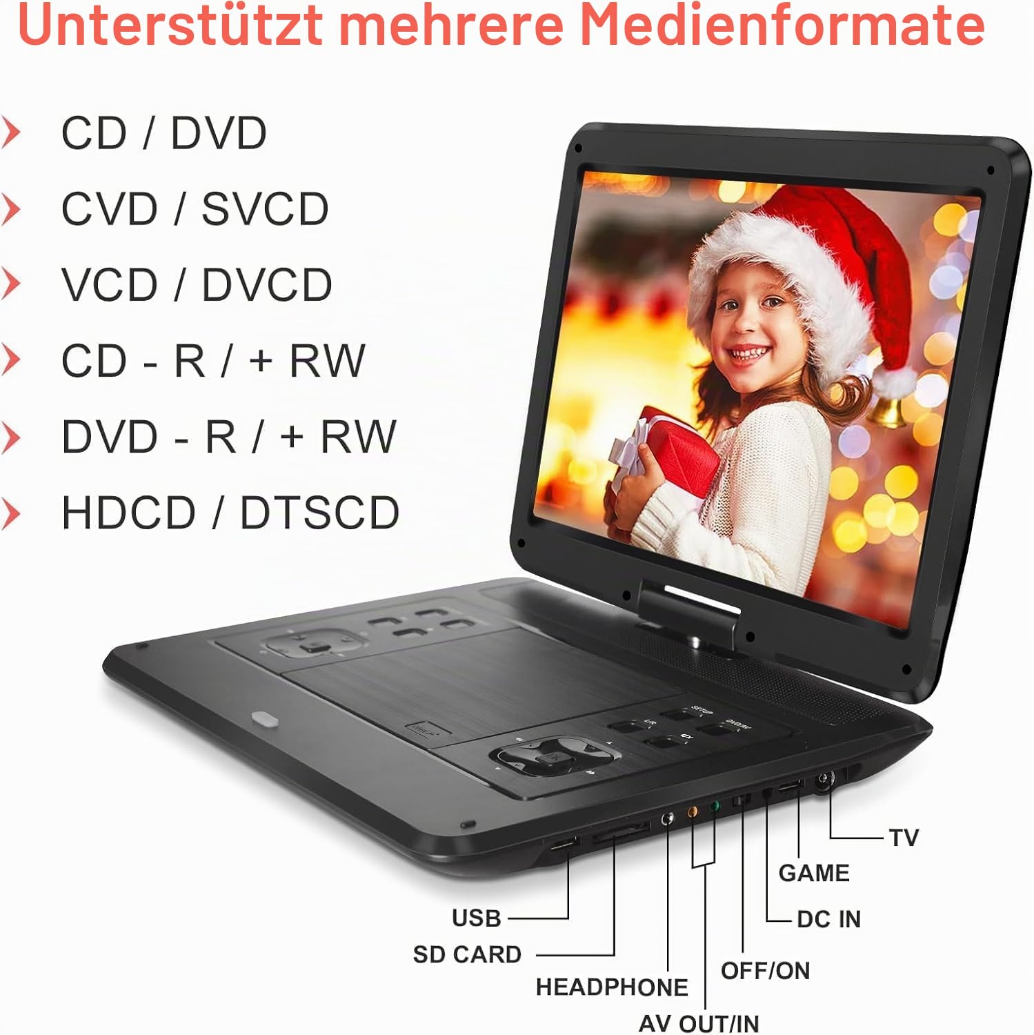 Tragbarer DVD-Player mit 16,1 Zoll (42,9 cm) (14,1 Zoll) drehbarem Bildschirm, 6 Stunden Akku, Auto-Kopfstützenhalterung, tragbare DVD unterstützt alle Regionen-Discs/SD-Karte/USB/Sync-TV, Schwarz