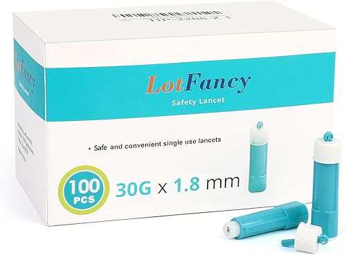 LotFancy Lancetas para pruebas de diabetes, calibre 30, 100 lancetas de seguridad, 0.071 in de profundidad, todo en uno, lancetas estériles para