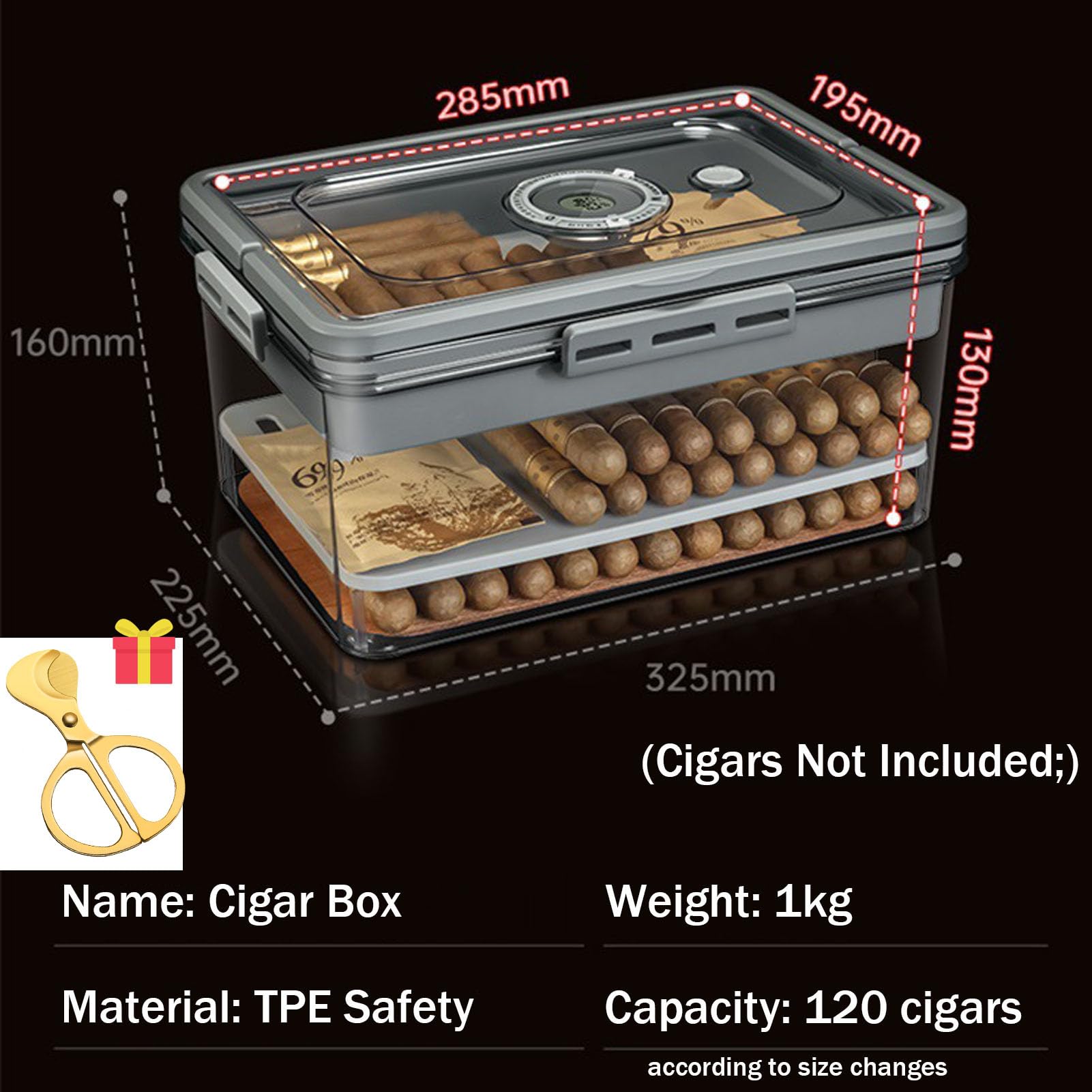Humidor per Sigari, Trasparente Scatola Portasigari con Mensole in Legno di Cedro E Igrometro, Custodia da Viaggio in Legno di Cedro con CoperchioClear,One Size
