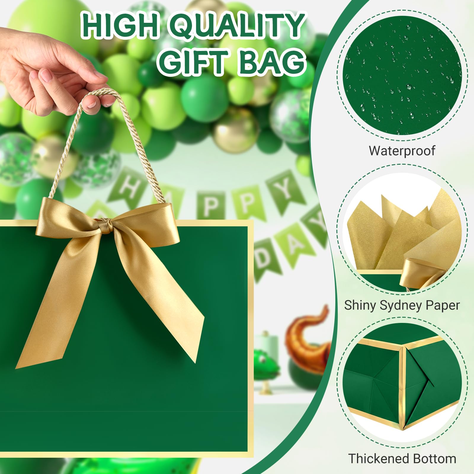 JMANNI 1PCS Gift Bag with Ribbon and 1 Greeting Card 2 Tissue Papers, Portable Paper Gift Bag with Handles for Graduation Baby Shower Wedding Fathers Day Mother's Day Birthday Party (green gold