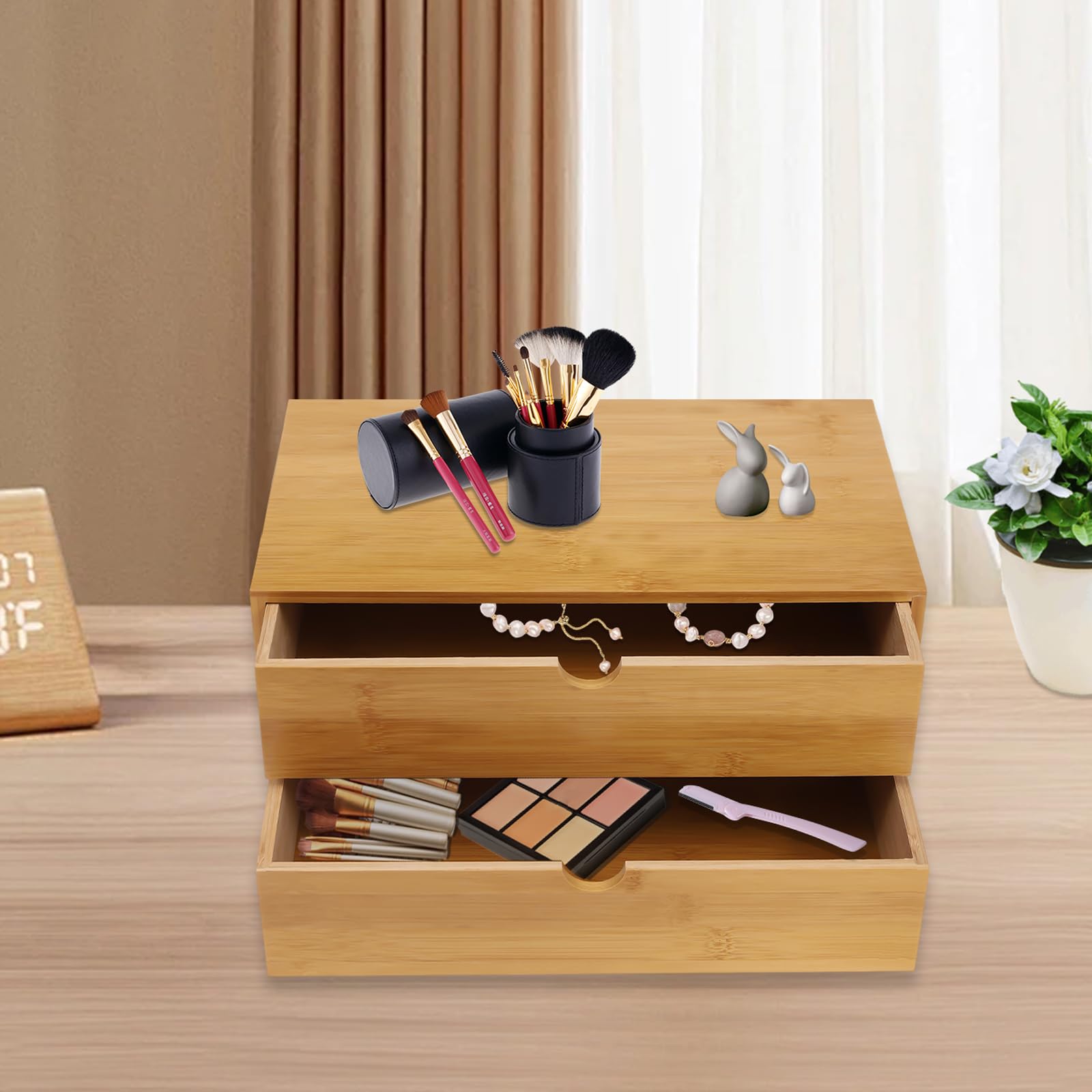 Schubladenbox aus Bambus 33x19x16cm, Schreibtisch Organizer mit 2 Schubladen - Mini Kommode Holz für Büro & Kosmetik, Desk Organizer in Naturfarbe, Perfekt für Home Office