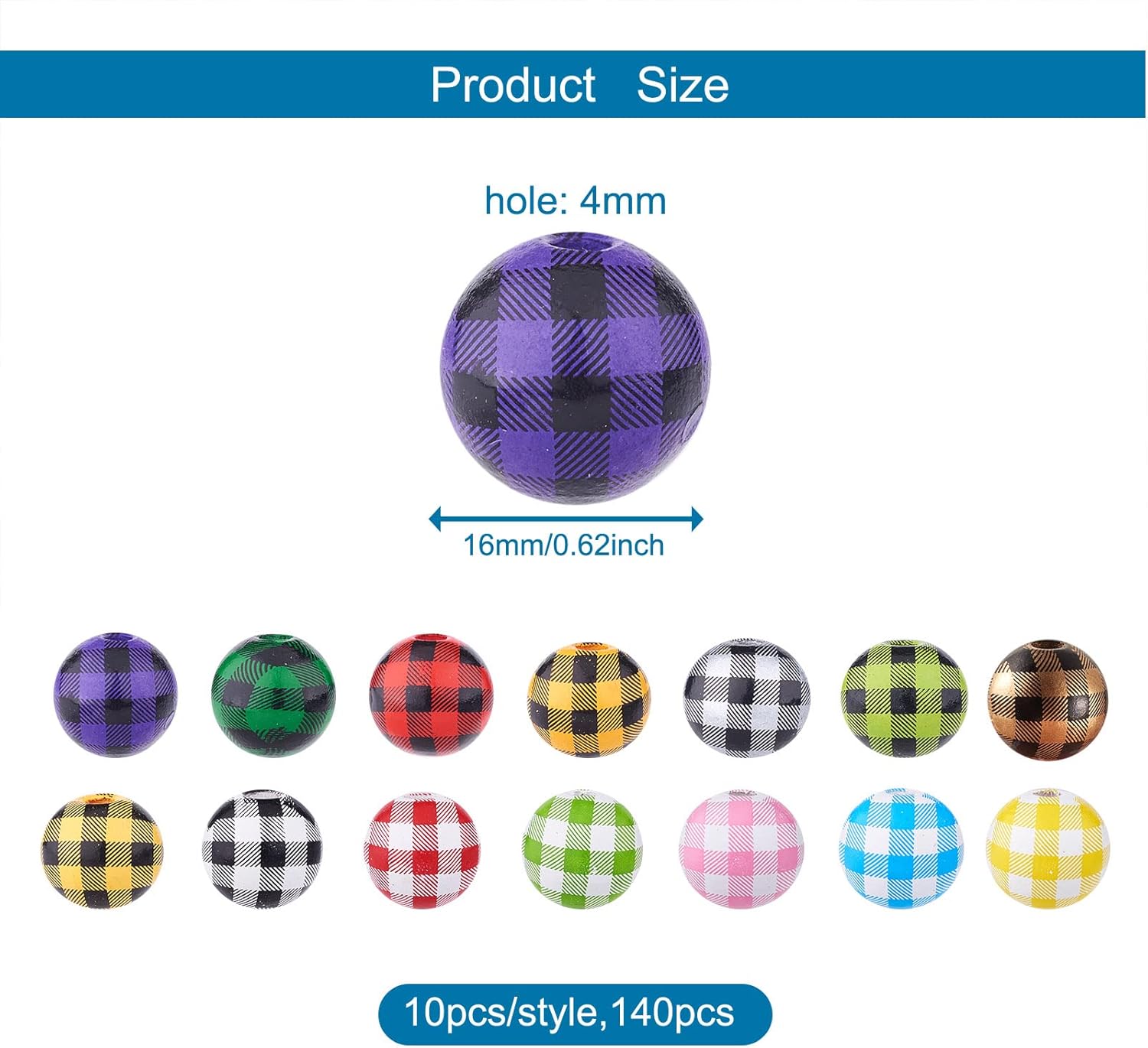 Craftdady 140pcs Buffalo Plaid Wooden Beads 16mm Painted Natural Round Wood Craft Beads Colorful Farmhouse Beads for DIY Bead Garland Home Decorations, Hole: 4mm