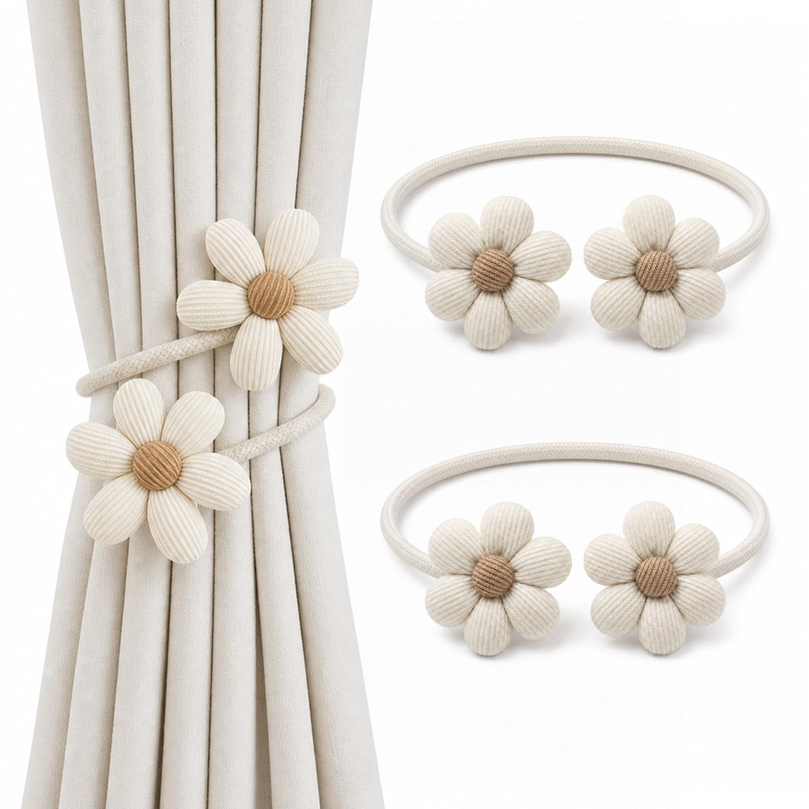 Merzio 2 PCS Curtain Tie Backs, Boho Flower Drape Holdbacks, No Drilling Adjustable Curtain Bond for Home Office Window Draperies, Cream