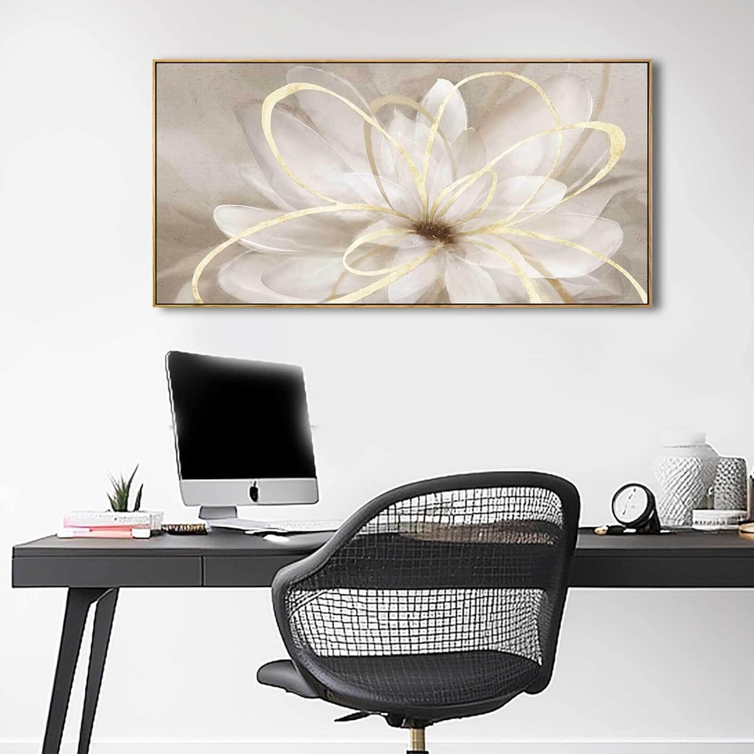 SOUGUAN Floral Wall Decorations Gold and White Canvas Wall Art Line Photo Prints 36x70 Large Wall Painting for Living Room Office
