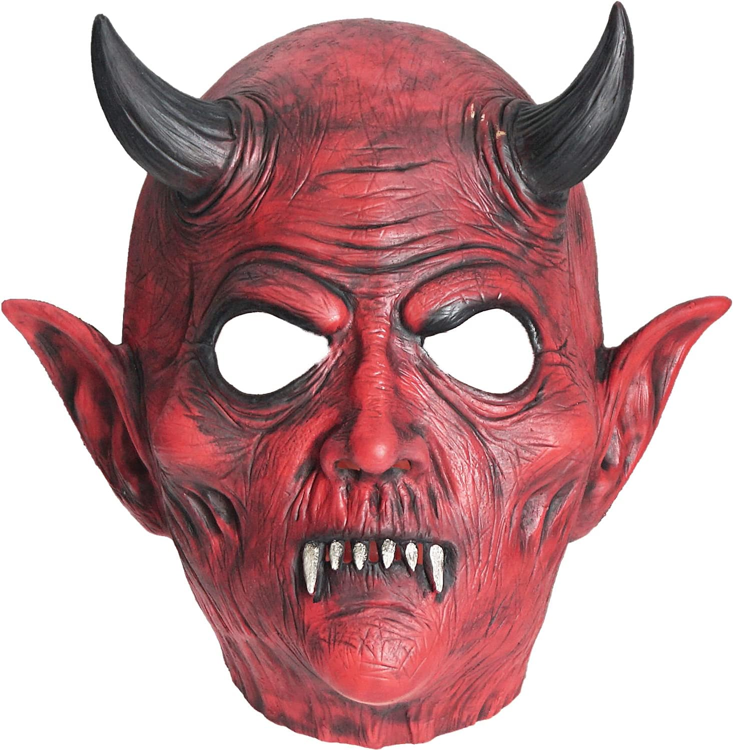 AQKILO Red Hell Demon Mask With Black Horms Mask Scary Halloween Latex Full Head Realistic Masks Fancy Dress for Halloween Carnival Costume Party