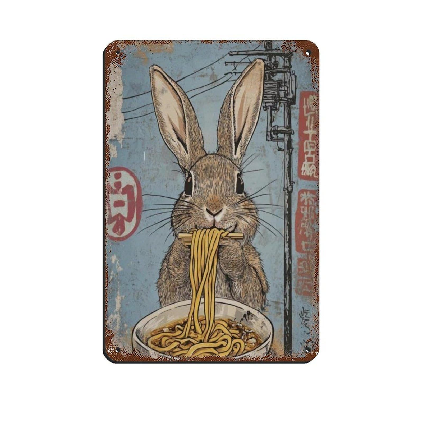 Cute Rabbit Eating Ramen Art Poster, Tin Sign Vintage Metal Pub Club Cafe Bar Home Wall Art Decoration Poster Retro 8x12inch(20x30cm)