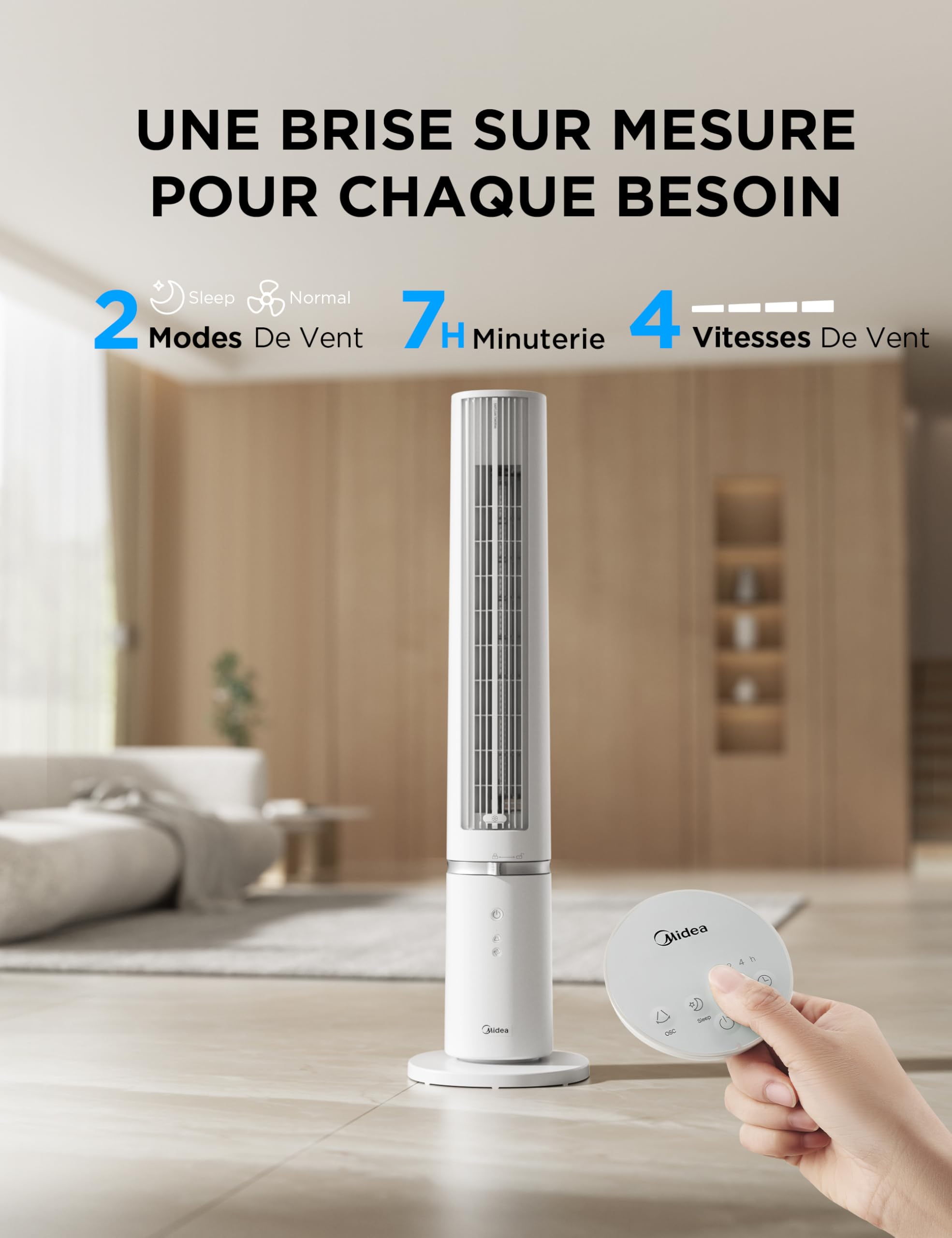 Midea Ventilateur Tour Blanc 103cm pour Chambre, Refroidissement Puissant 9m/s, Omni-Télécommande, Oscillation 90° avec Design Innovant Détachable et Lavable, 4 Vitesses, Minuterie 7H, 28 dB