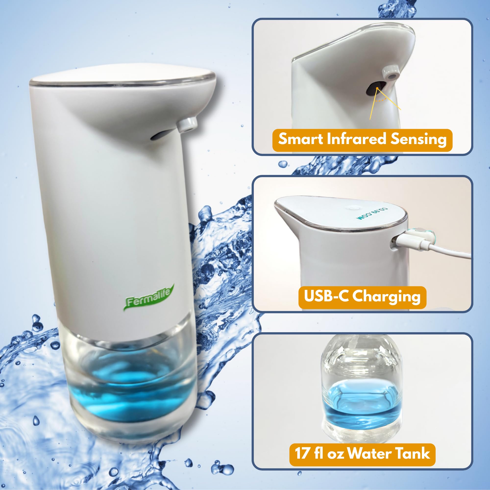 FERMALIFE Dispenser automatico di sapone in schiuma, ricaricabile tramite USB, senza contatto, ricaricabile, con pulsante di erogazione regolabile in schiuma, per cucina e bagno, 500 ml