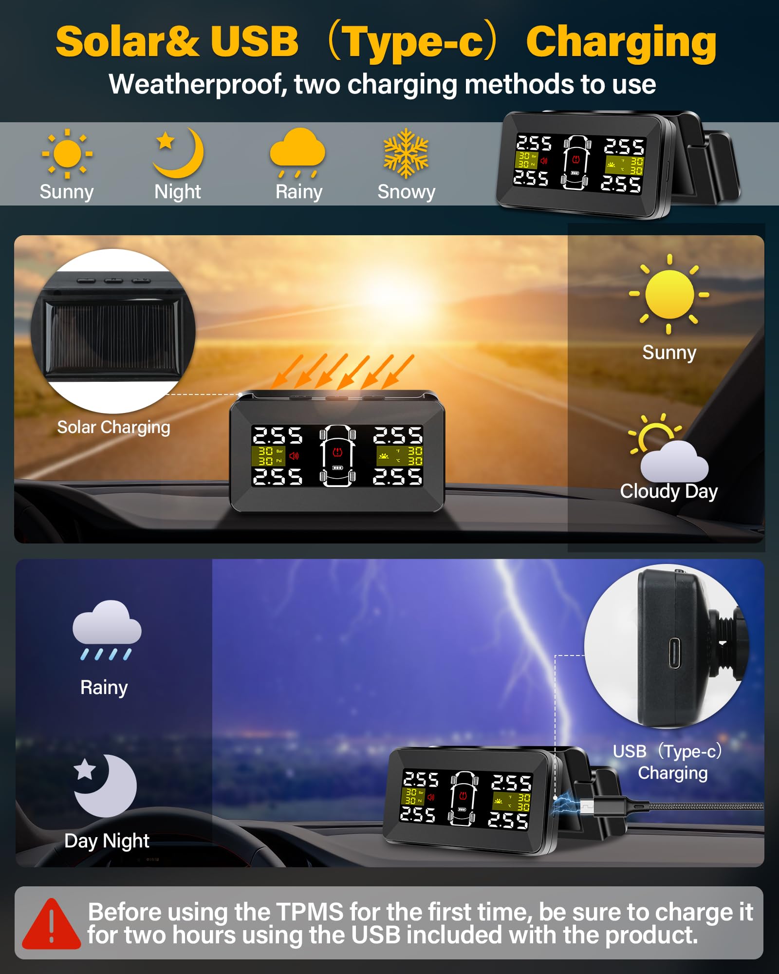 TPMS system kontroli ciśnienia w oponach z bezprzewodowym systemem monitorowania ciśnienia w oponach 3,5 cala, zdejmowany uchwyt 0,01 bar, wysoka precyzja ładowania solarnego/typu C, TPMS z 4