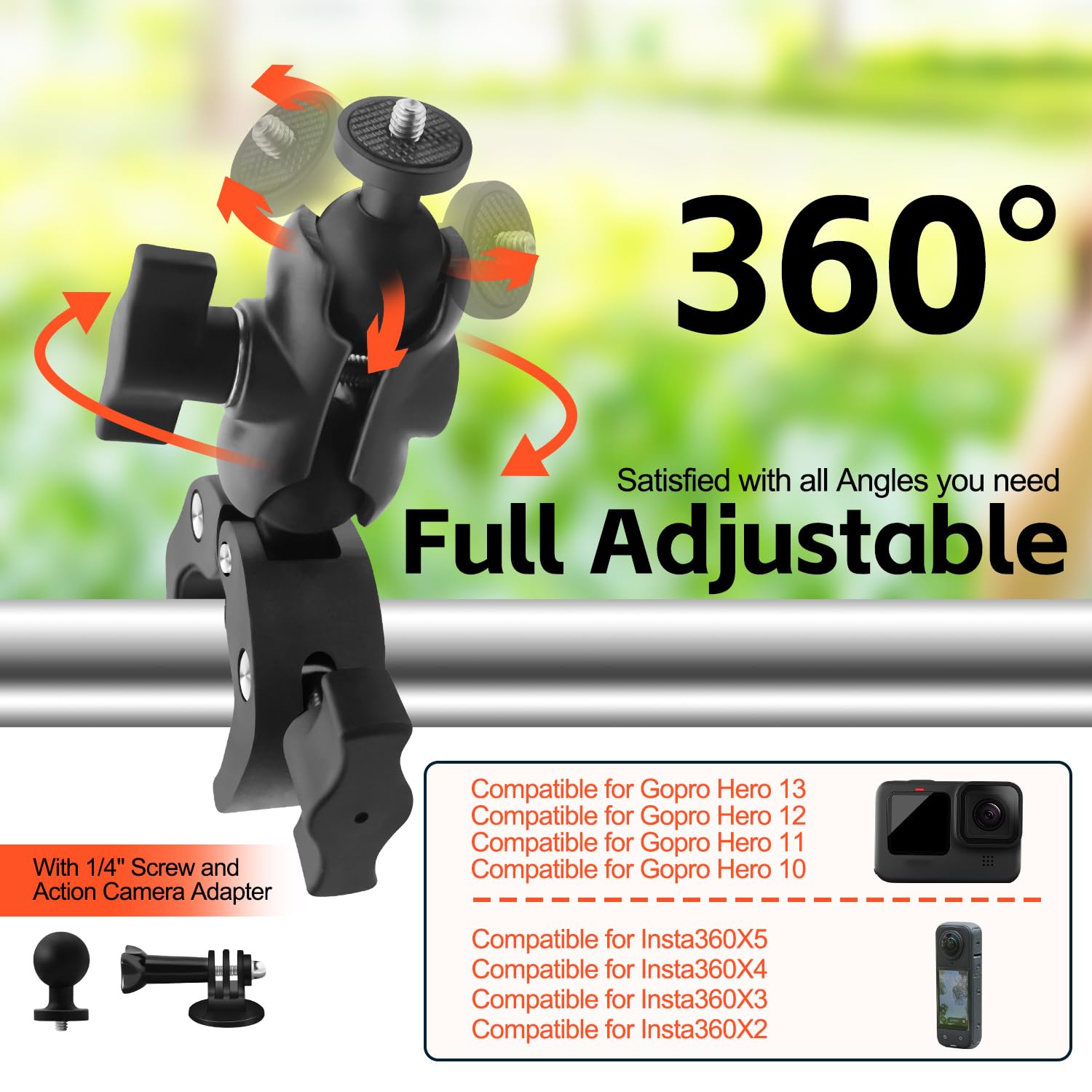 Motorradspiegel & Fahrradlenkerhalterung kompatibel für Insta360 X5-X,360°Drehbare POV-Klemme kompatibel für GoPro 12-3,Verstellbare 0.28-1.41Masthalterung mit Dual-Kugelkopf, für Osmo 360 Osmo Nano