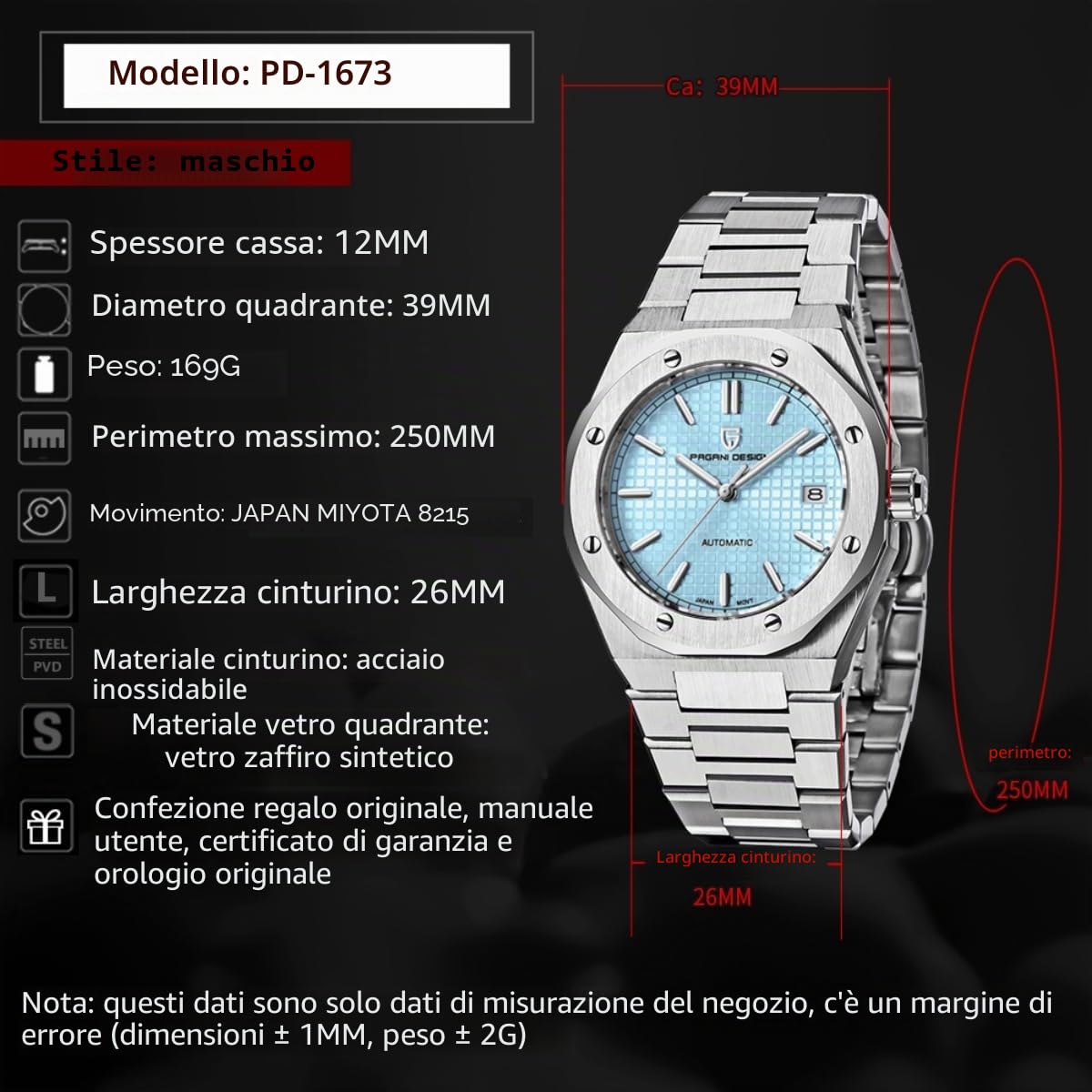 Pagani Design orologi da uomo giapponese movimento automatico subacqueo meccanico sport impermeabile vetro zaffiro orologio da polso in acciaio inox