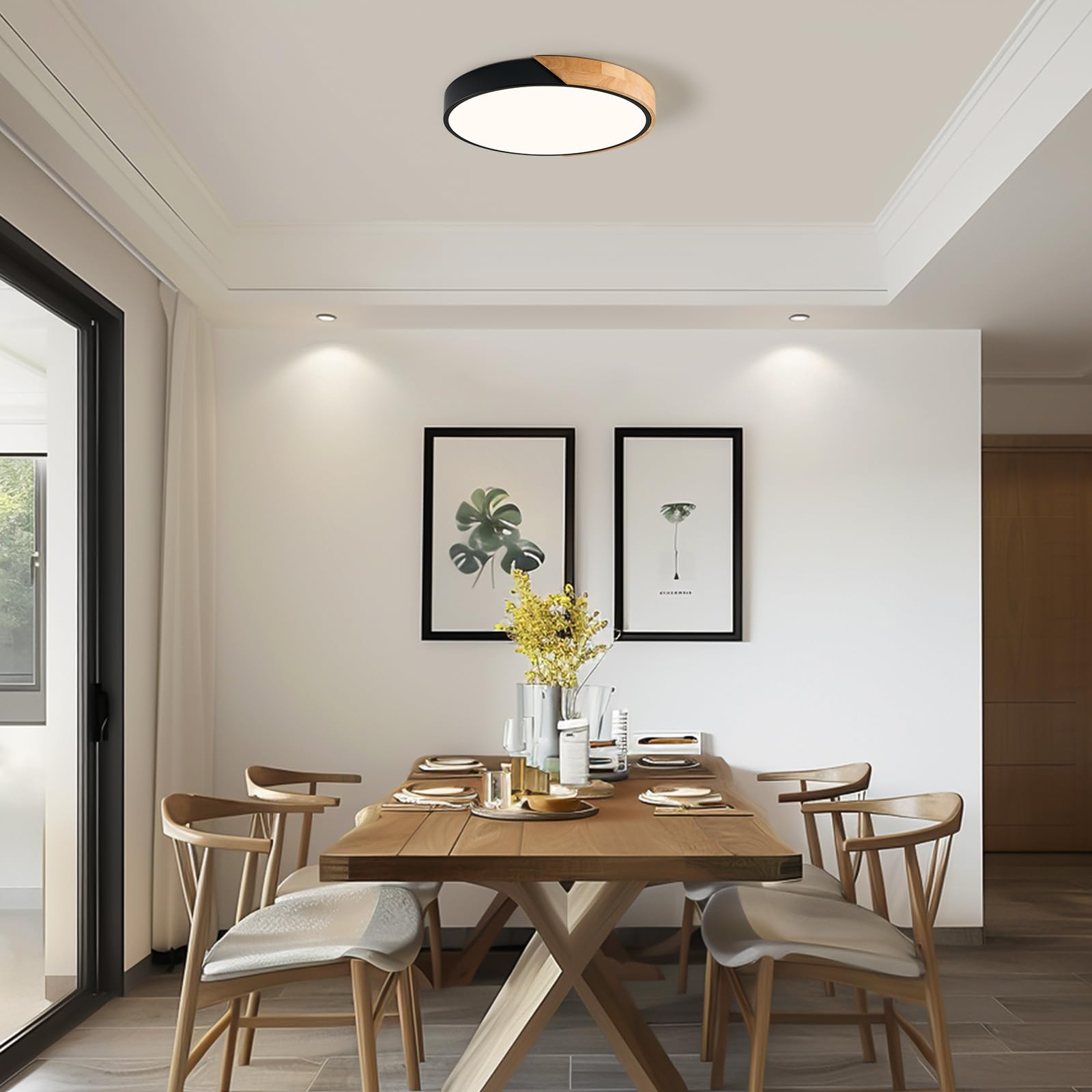 Qamra Lampara Techo, Madera Lampara Techo Negro, Moderno Plafón 40cm, iluminación 36W Redondo para Dormitorio, Sala de estar, Cocina, Comedor, Pasillo 4000K