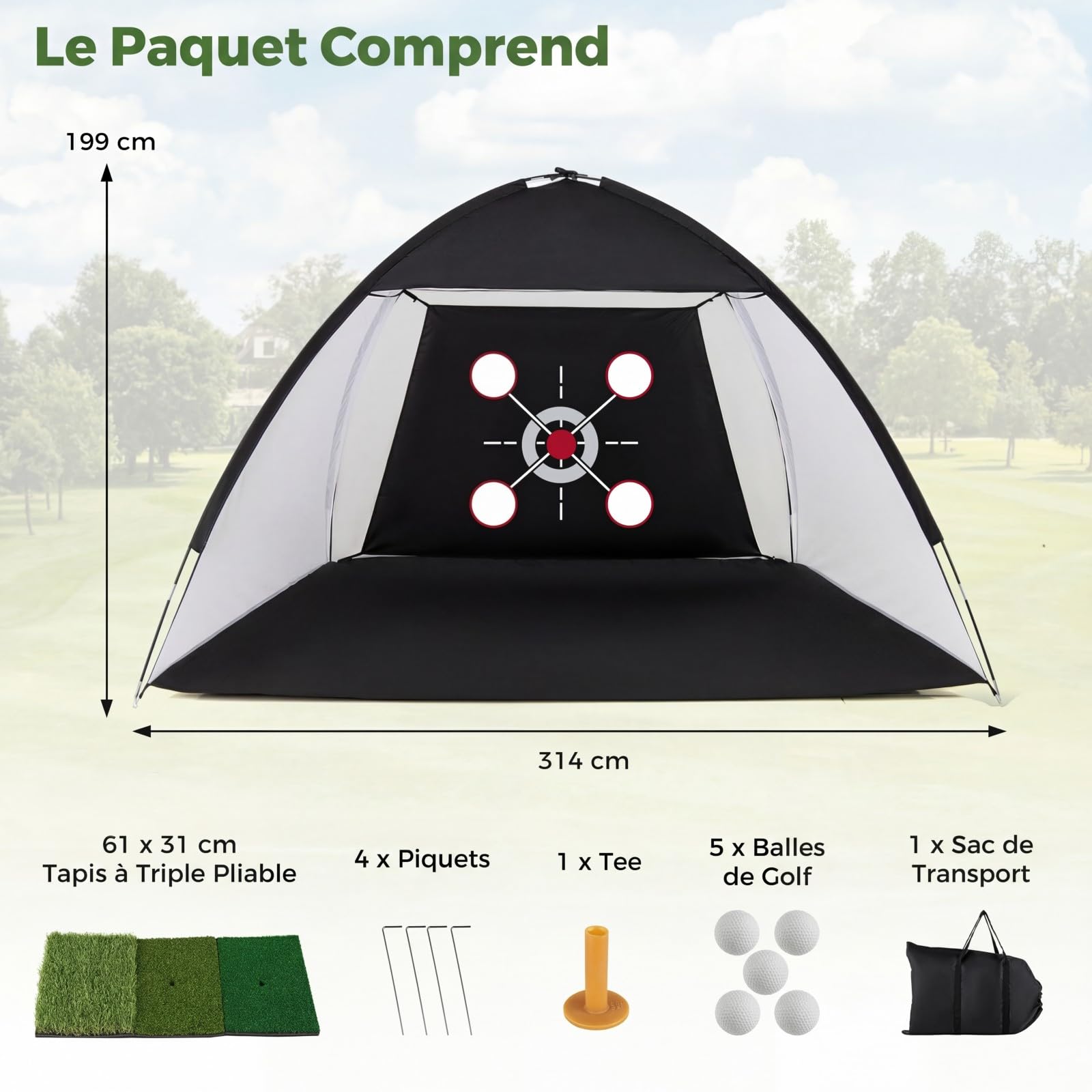COSTWAY Filet de Golf 3x2M avec Cible Multiples, Filet d'Entraînement de Golf avec Tapis de Frappe Balles Tee Piquets Sac Transport, Intérieur&Extérieur au Drive Chip Swing, Débutant&Golfeur