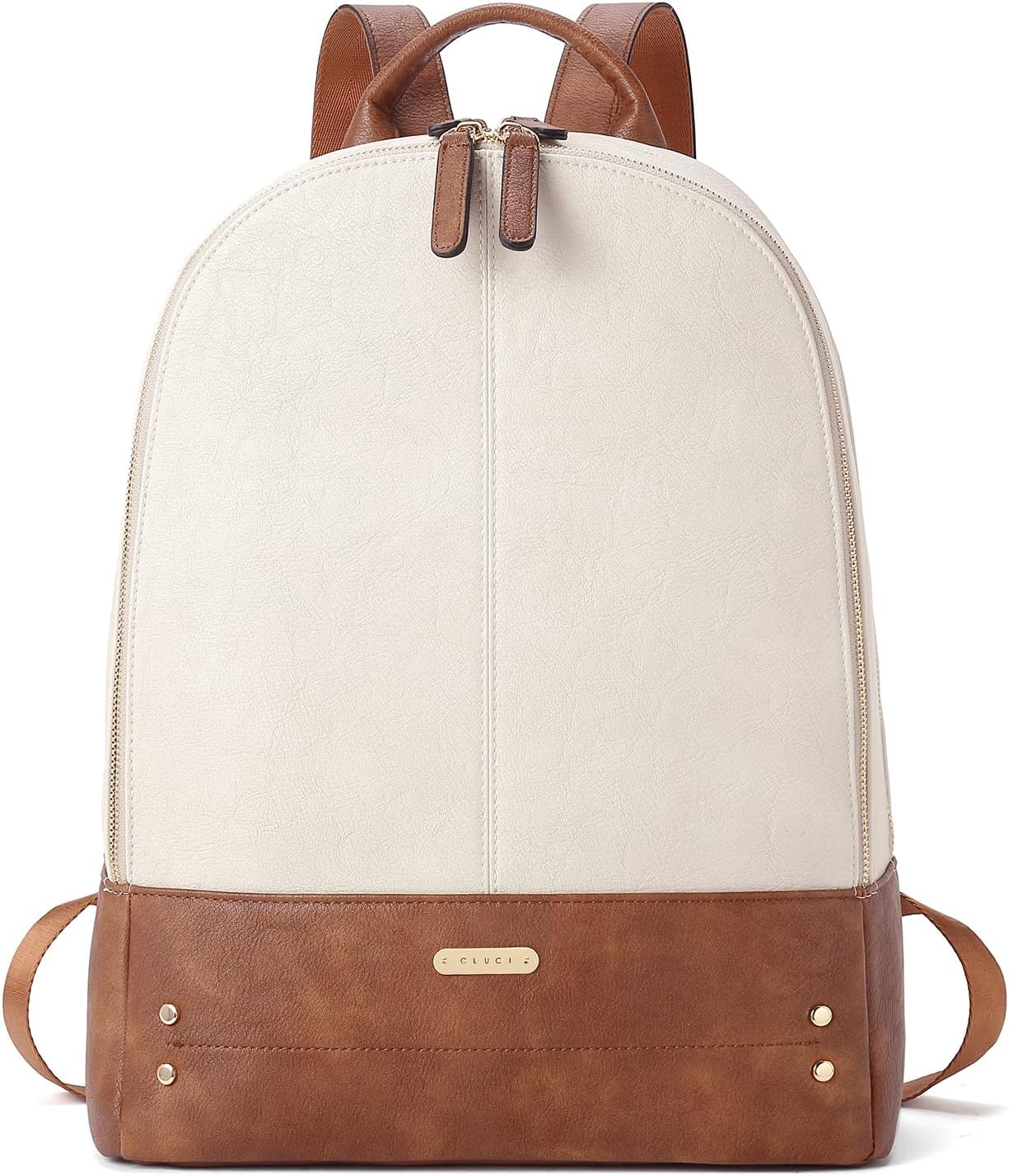 CLUCI Laptop Backpack for Women Leather 15.6 inch Computer Backpack Travel Vintage Large Bag Beige With Brown