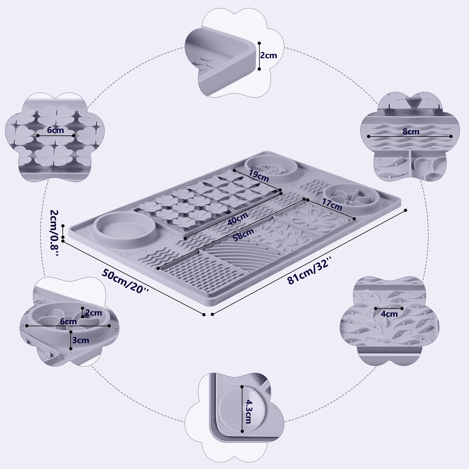 Tapete Grande de Silicona para olfatear de 32'' x 20'', tapete para lamer Perros con ventosas, alimentador Lento para Perros, Reductor del aburrimiento (Gris)