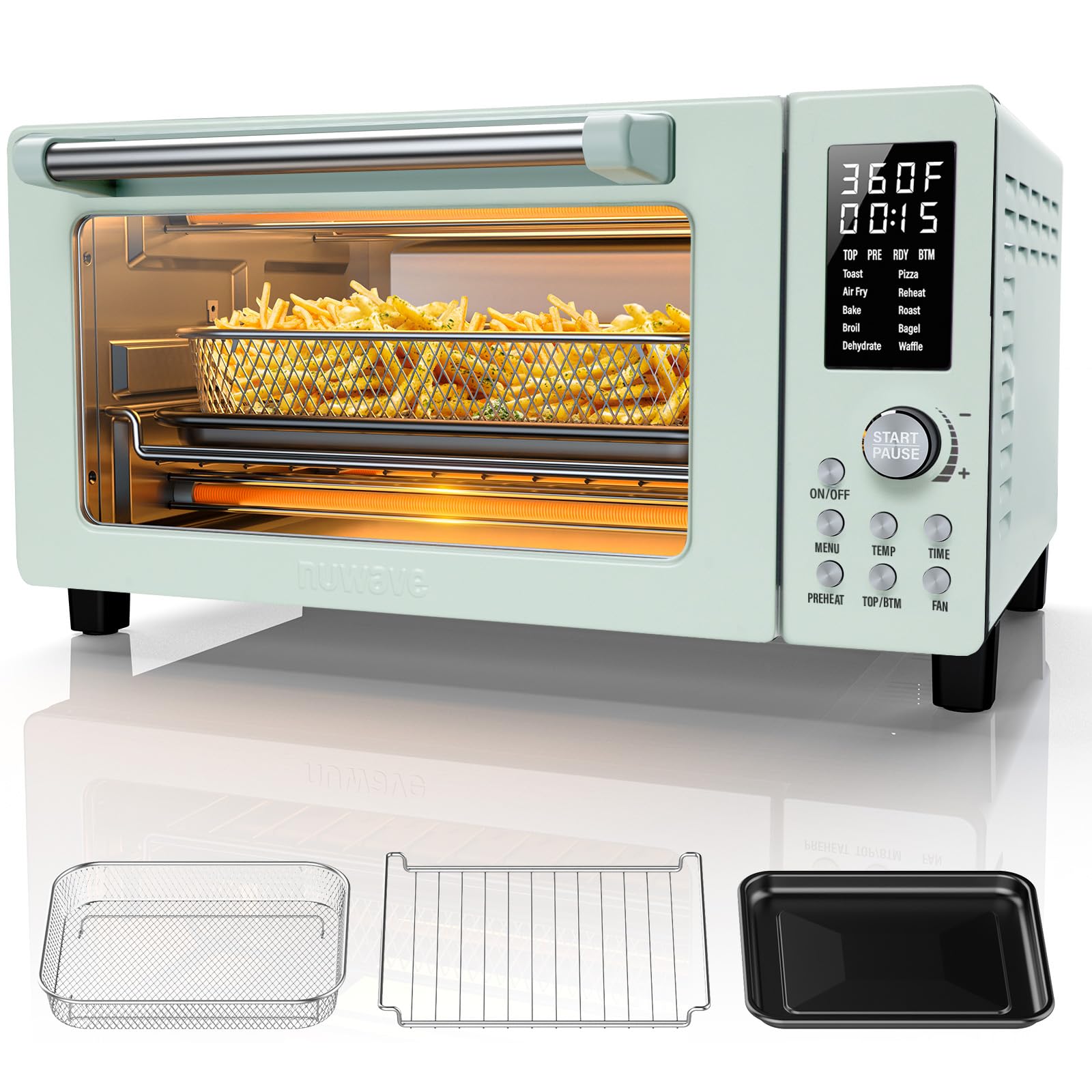 Horno tostador y freidora de aire Nuwave Bravo Pro Smart de 21 cuartos, horno de convección combinado de encimera, 10 funciones, todo en 1, con tecnología crujiente rápida e incluso 50 450 F, 1800 W, verde menta