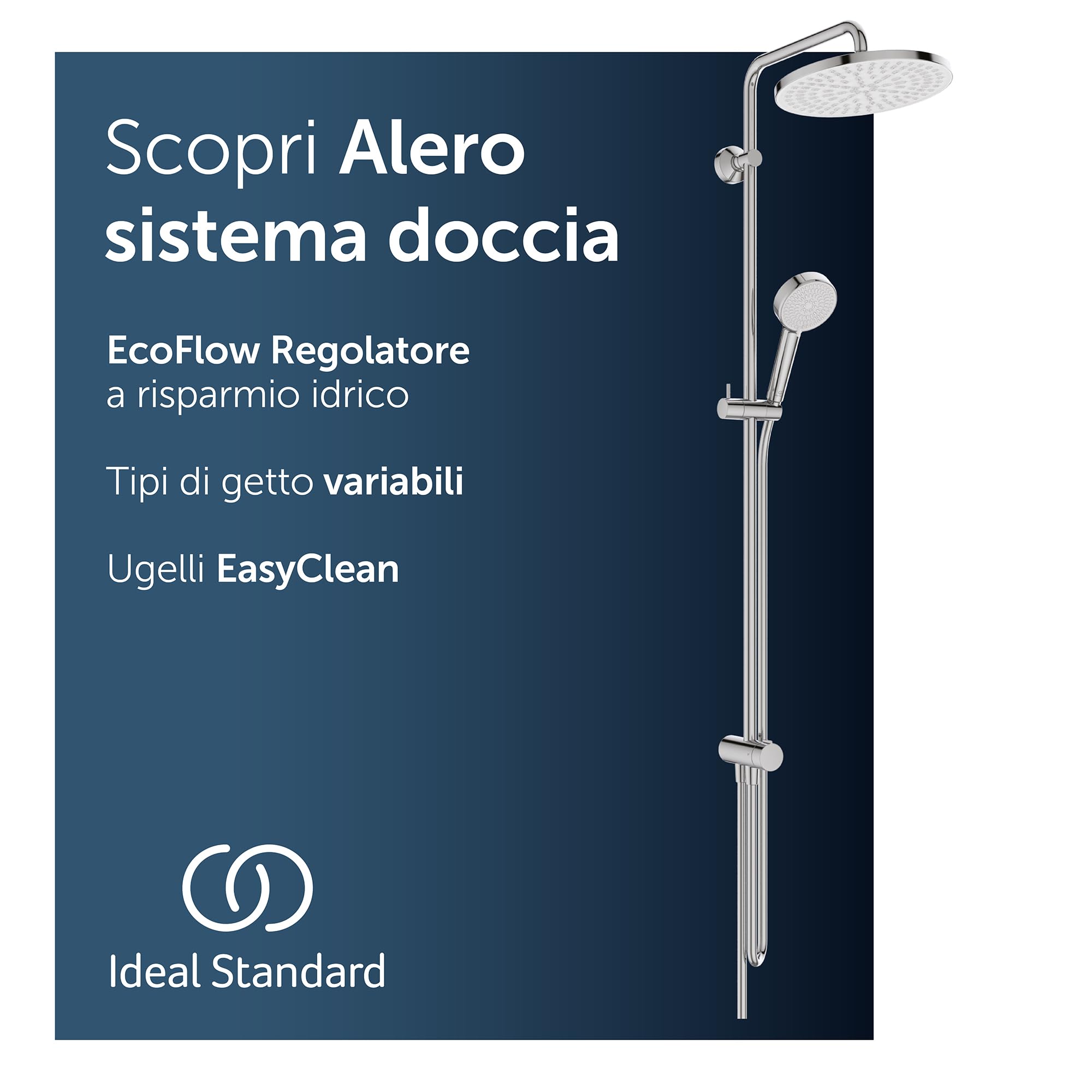 Ideal Standard Alero colonna doccia, kit doccia a risparmio idrico con due tipi di getto (SilkRain e Rain), montaggio flessibile grazie al braccio girevole – Cromo (260 x 513 x 1117 mm)