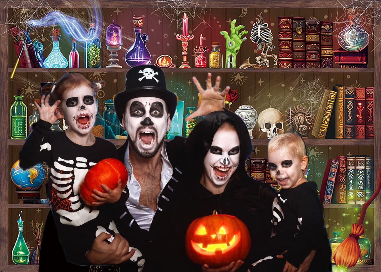 Telón de fondo de laboratorio de química de Halloween, escuela mágica, bruja, veneno, boticario, calavera, laboratorio, fotografía, fondo de Halloween, científico loco, baby shower, decoración de