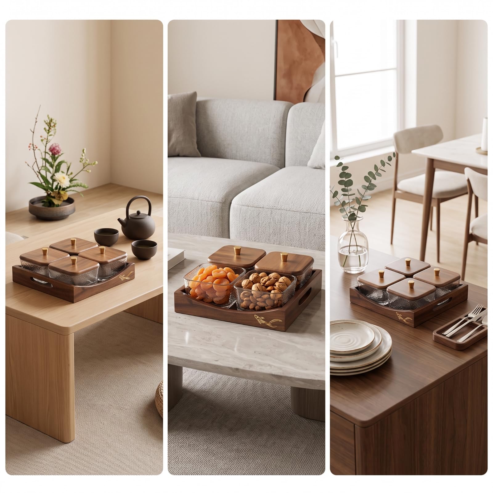 Plateau à Collation avec Coupelles Verre, Style Chinois Rétro, Plateau Rectangulaire À Quatre Compartiments Carrés Avec Coupelle En Verre Et Couvercles En Bois, color to 2