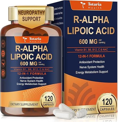 Totaria R Ácido alfa lipoico 600 mg - Suplemento estabilizado ALA para cápsulas de apoyo a la neuropatía, salud nerviosa, sistema nervioso y