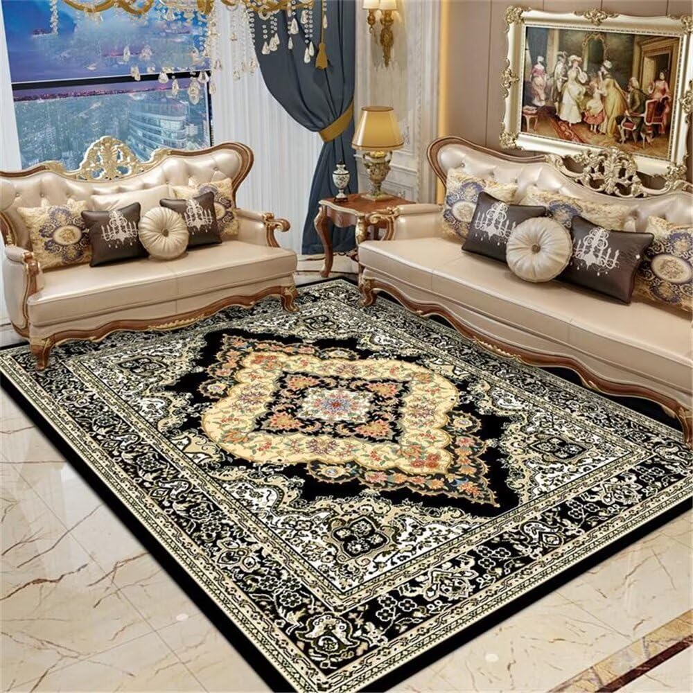 Tapis doux et antidérapant grand salon motif floral noir tapis de chambre adulte 100x200cm