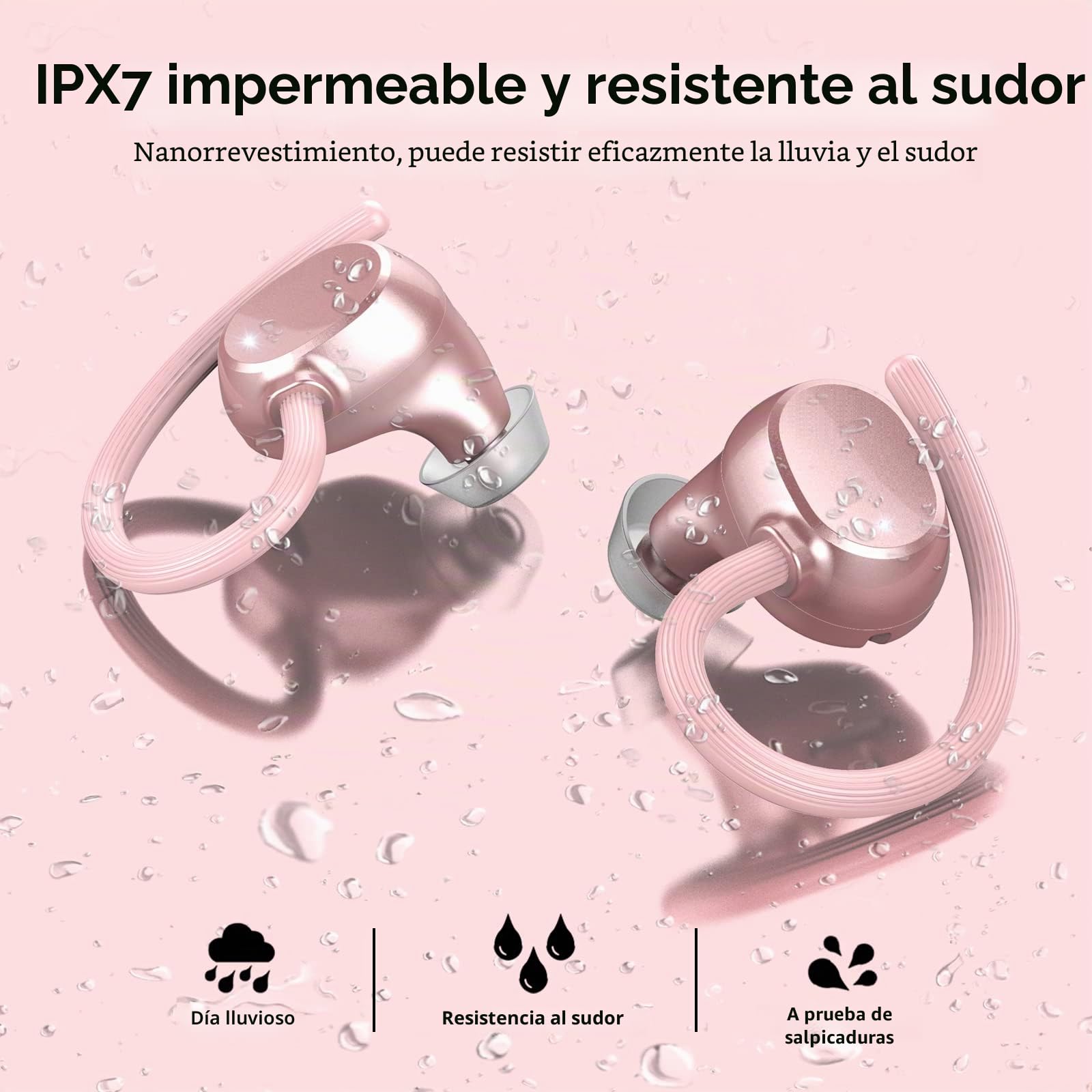 Auriculares Inalambricos Deportivos, Bluetooth 5.3 con HD Mic, 48Hrs de Reproducción,Carga Rápida USB-C, Pantalla LED, IP7 Impermeable con Gancho de la Oreja (Oro Rosa)