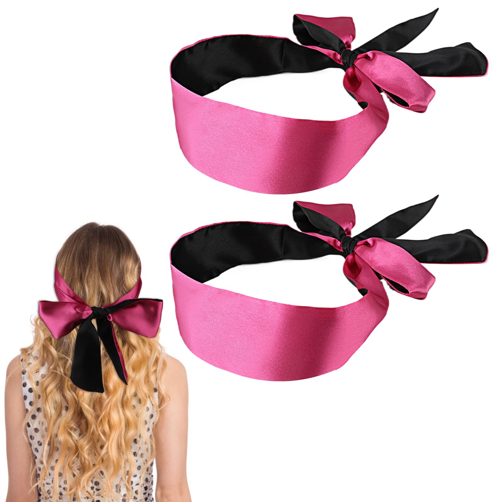 2 Piezas Antifaz para Dormir Venda para Dormir(150 x 7cm), Máscara de Satén para Dormir,Anti-Luz Tapa Ojos, Mascara de Dormir para Mujer Hombre(Rosa Roja + Negro)