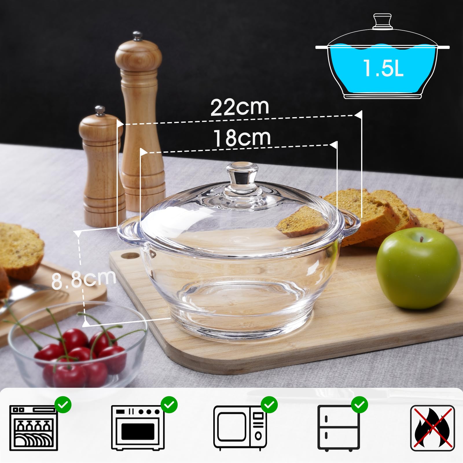 NUTRIUPS Cocotte en Verre 0,5 L 1 L 1,8 L Avec Couvercle, Plat de Cuisson Rond Résistant au Four NUTRIUPS Cocotte en Verre 0,5 L 1 L 1,8 L Avec Couvercle, Plat de Cuisson Rond Résistant au Four