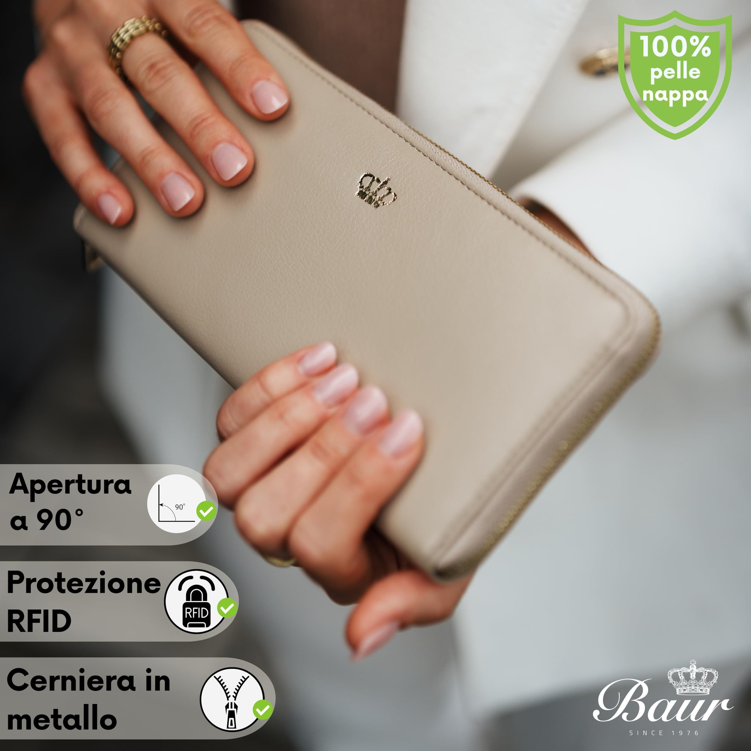Baur portafoglio da donna – vera pelle nappa con protezione RFID – portafoglio grande con 12 scomparti carte e scomparto monete – cerniera metallica a tutto giro (Cerniera oro, Beige)