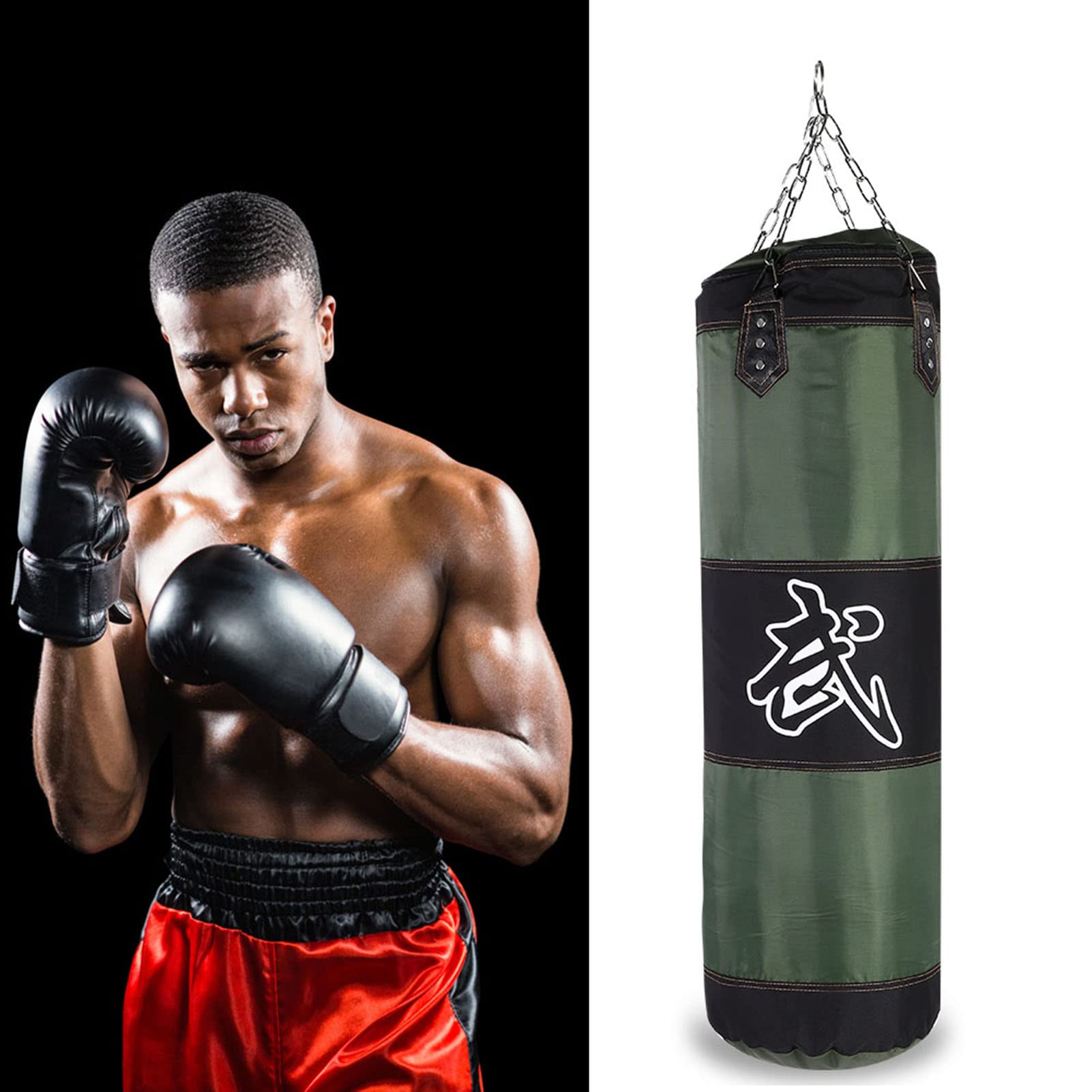 Fafeims Pusty ciężki worek treningowy MMA Boxing Kickboxing Workout Training Zestaw worków z piaskiem z łańcuchem mocującym (1m-zielony)
