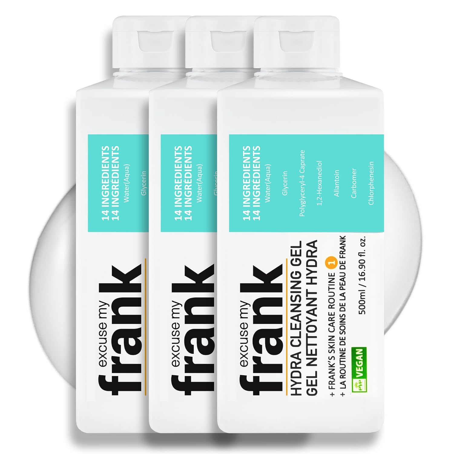 Excuse My Frank Hydra Cleansing Gel – Hydrating Facial Cleanser for Men & Women, Korean Skincare, Daily Face Wash for Sensitive Skin, Vegan & Cruelty-Free (3 Pack)