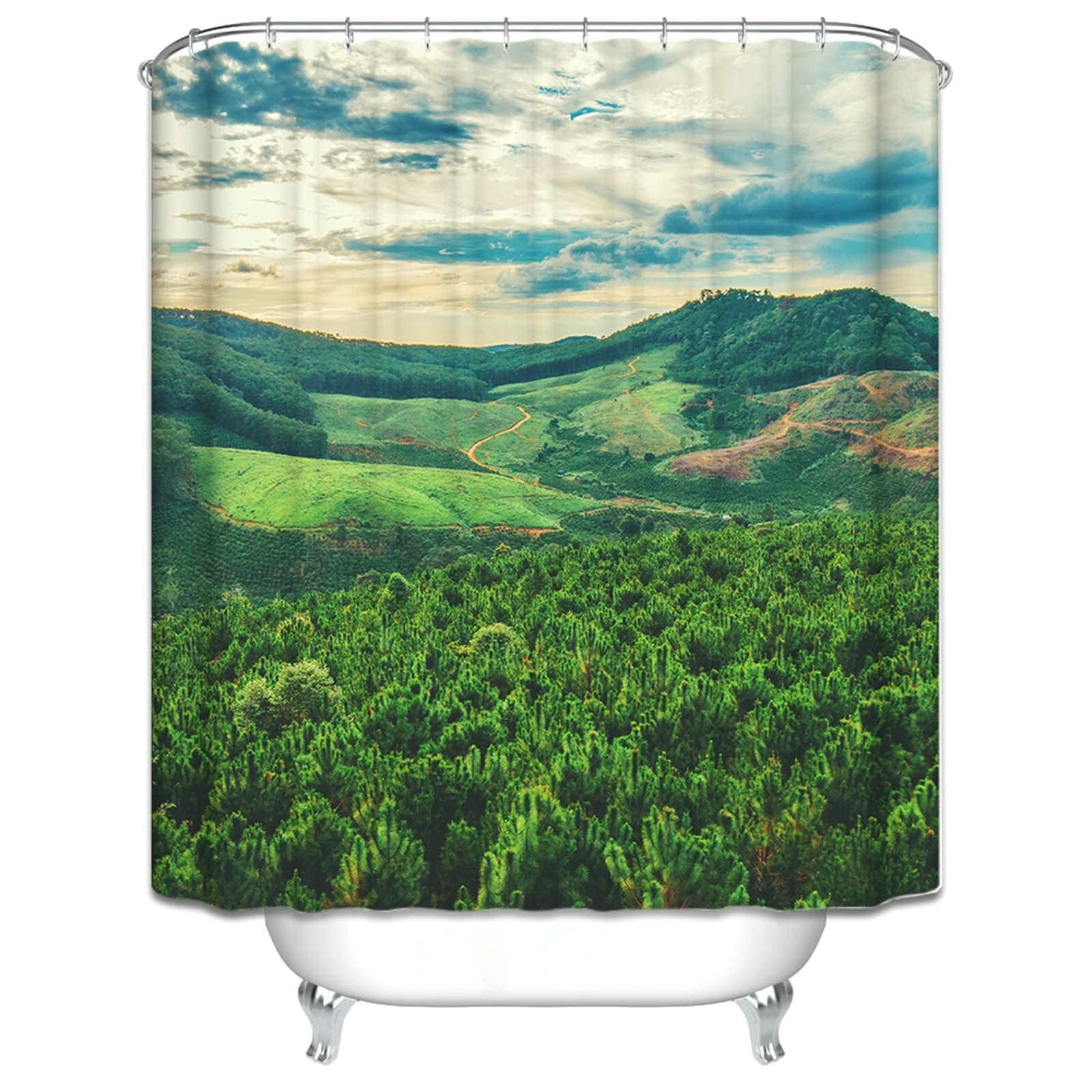 Gualiy Cortina de ducha de tela para bañera, montañas y árboles, cortina de ducha verde de 150 x 200 cm