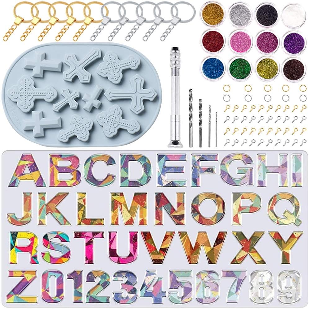 Chostky 114 moldes de resina con forma de cruz de silicona epoxi, letras y números y moldes, kit de moldes de resina fundida para hacer llavero, pendientes, collares, pulseras y colgantes