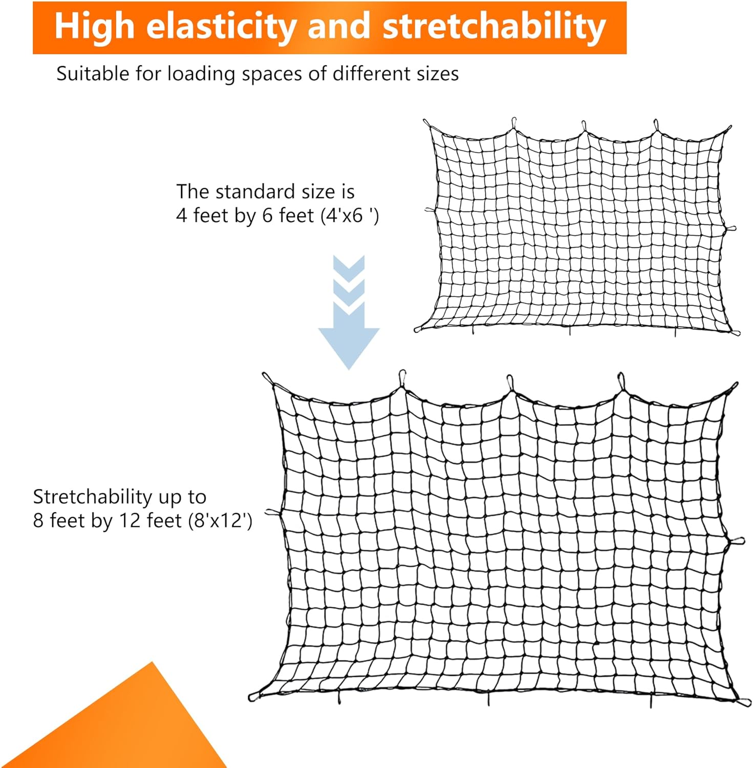 Premium Heavy Duty Cargo Net for Pickup Truck Bed (4'x6' Stretches to 8'x12') -5 mm (3/16 in) Thick Bungee Mesh with 12 Steel Carabiners, Strap Hooks for SUV, Trailer Tarp, Roof Rack - Image 3