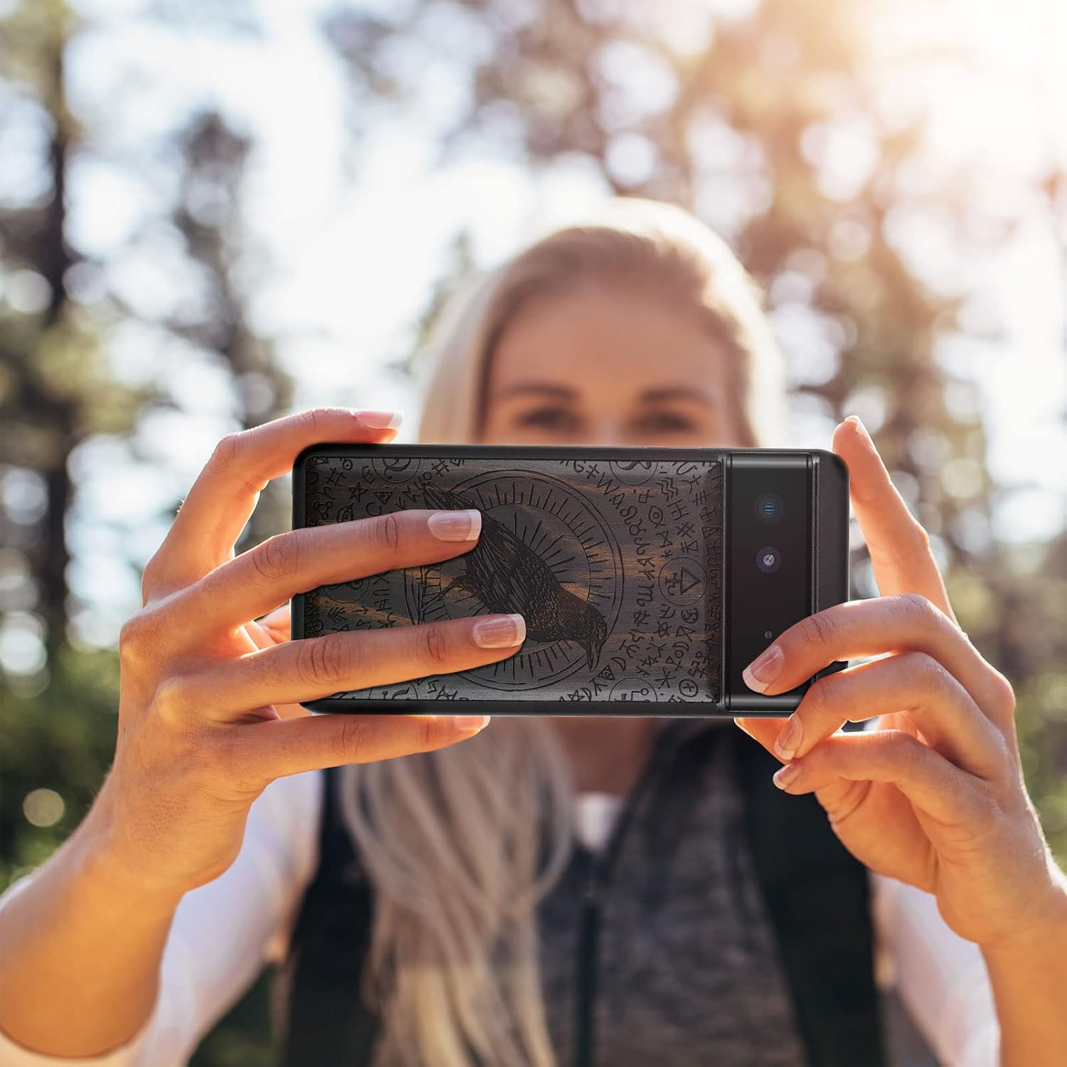 Carveit Wood Case for Pixel 6 Case [Natural Wood & Black Soft TPU] Shockproof Protective Unique Wooden Cover Compatible with Google Pixel 6 (Witchcraft Raven-Blackwood)