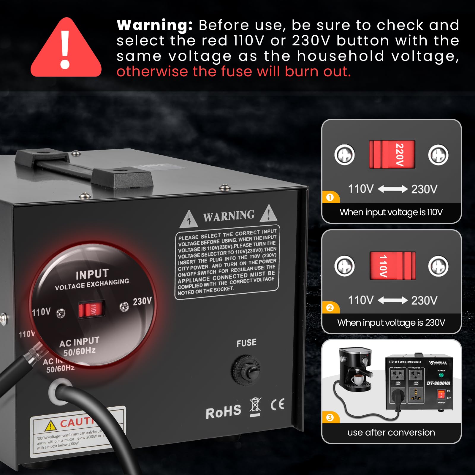 Anbull Convertitore di Tensione DT-3000W 230V⇋110V | Trasformatore di Tensione Motore con avvolgimenti in rame puro 2 prese UE+2 prese USA convertitore step-up/step-down