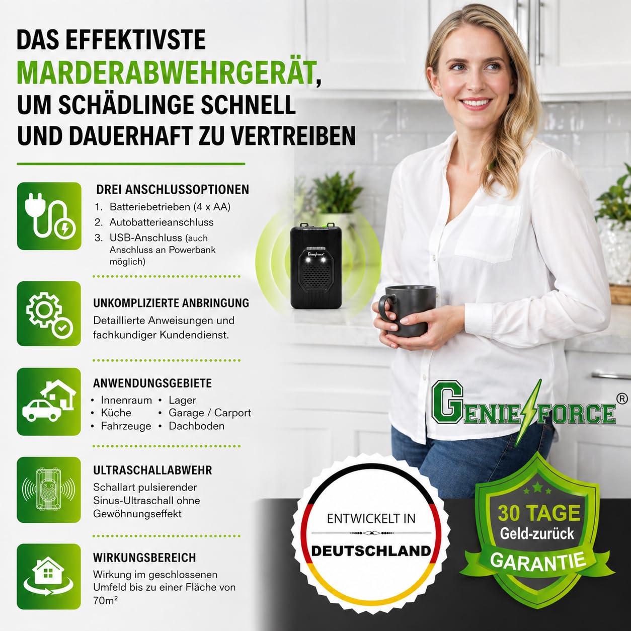 2 x Genieforce® Marder Combat+ Marderschutz, Marderschreck Ultraschall, Marderabwehr, Mäuseabwehr für Autos, Haus, und Garten, Anschluss an 12V Autobatterie, USB oder Batteriebetrieb - GF-JC-77