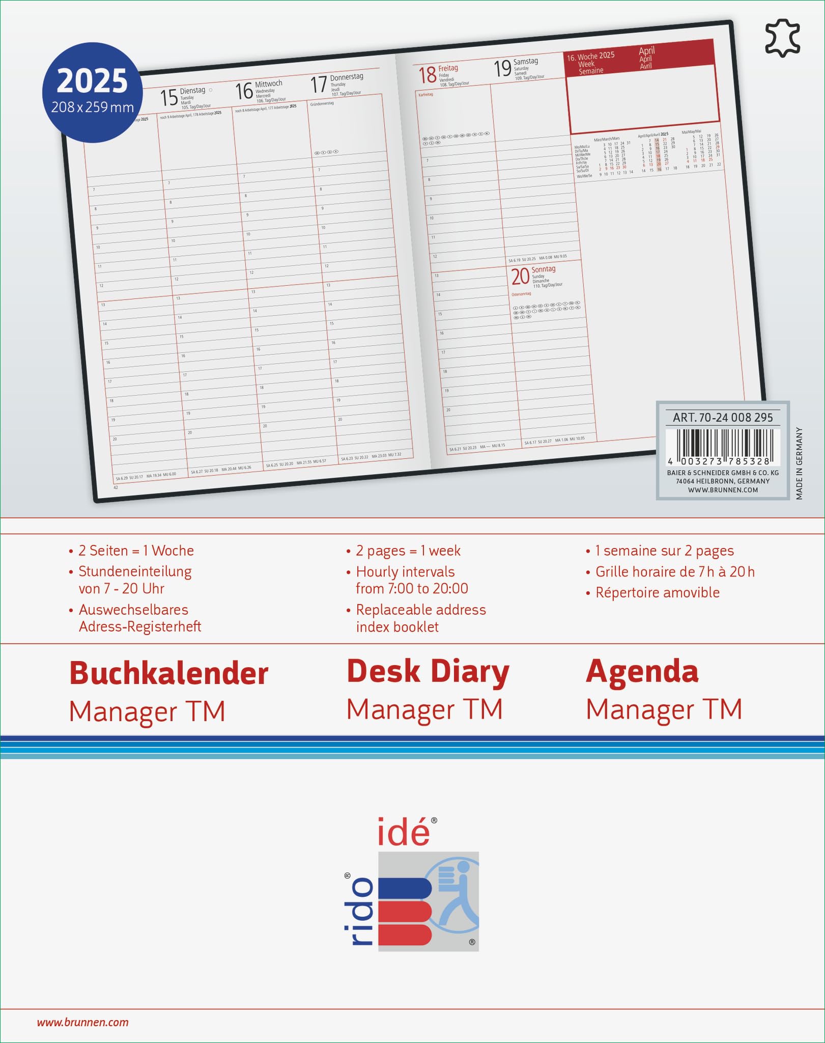 rido/idé Buchkalender Modell Managerkalender TM (2025), 2 Seiten = 1 Woche, 205 × 260 mm, 168 Seiten, Leder-Einband Toscana, weinrot