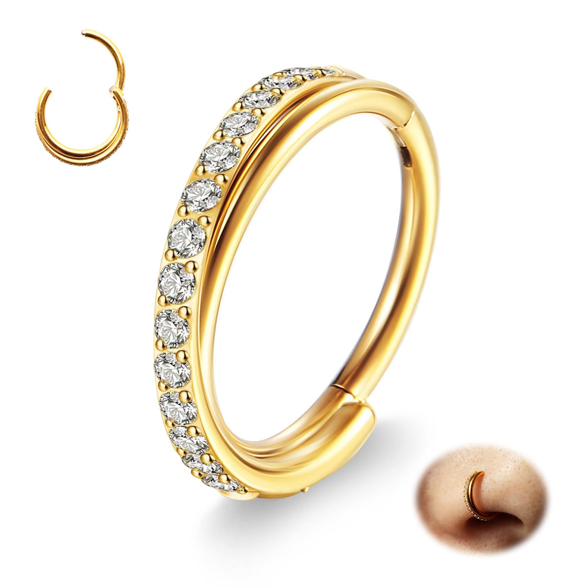 MixPiercing Piercing Nariz Conch Dorado Oro Aro Acero Inoxidable Clicker de Cerrado con Bisagras Pendientes para Septum Oreja Cartilage Helix Daith Trago de Labios con para Mujer 18G 8mm